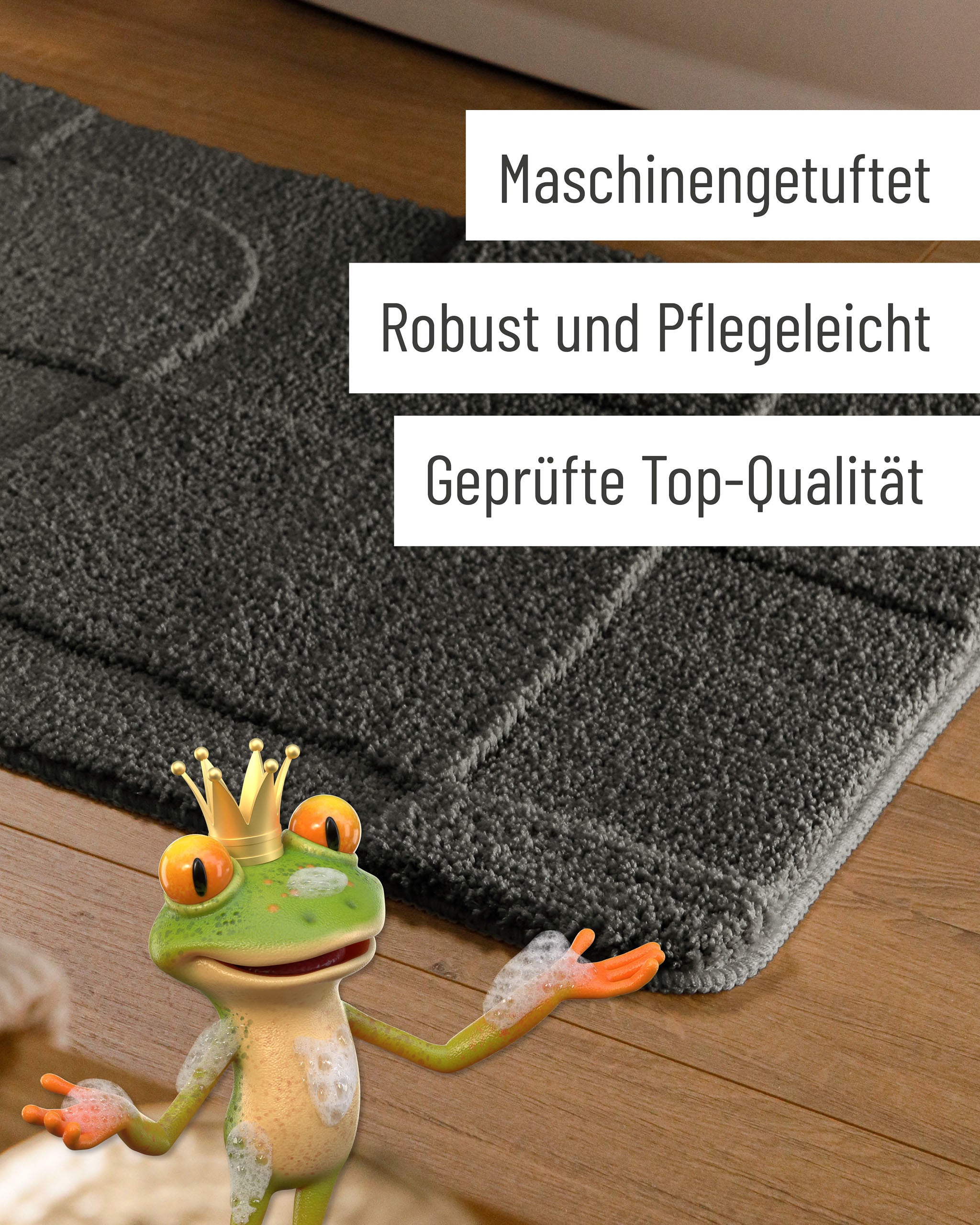 Badteppich von BathKing by WECONhome Davie Anthrazit Grau Detail der Teppichkante auf Holzfußboden, eingeblendete Hinweise zu Verarbeitung und Pflege