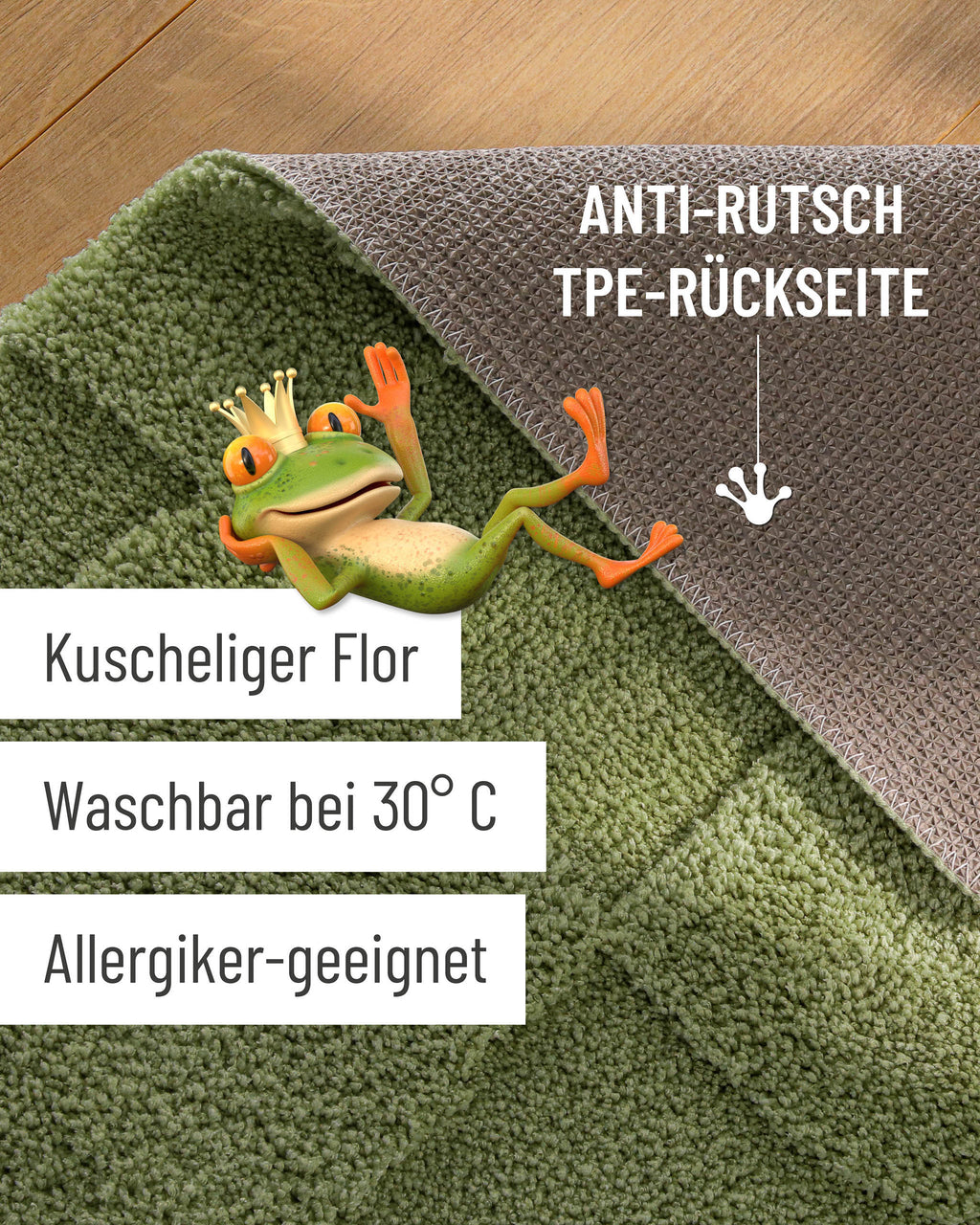Badteppich von BathKing by WECONhome Davie Reseda Grün Detailaufnahme Flor auf Holzfußboden, eingeblendete Hinweise zu rutschhemmender Rückseite und Waschbarkeit
