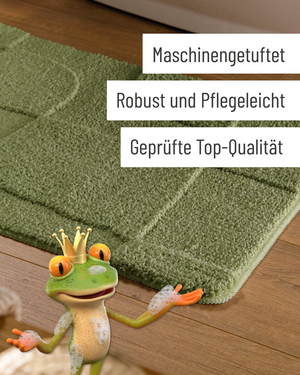 Badteppich von BathKing by WECONhome Davie Reseda Grün Detail der Teppichkante auf Holzfußboden, eingeblendete Hinweise zu Verarbeitung und Pflege