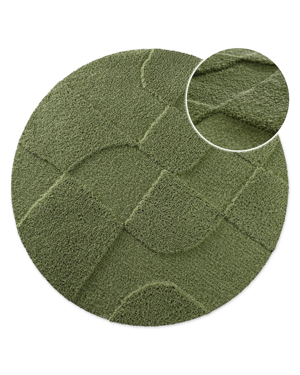 Badteppich von BathKing by WECONhome Davie Reseda Grün rund, Draufsicht mit Detailkreis der Florstruktur und eingeprägtem Linienmuster auf hellem Hintergrund