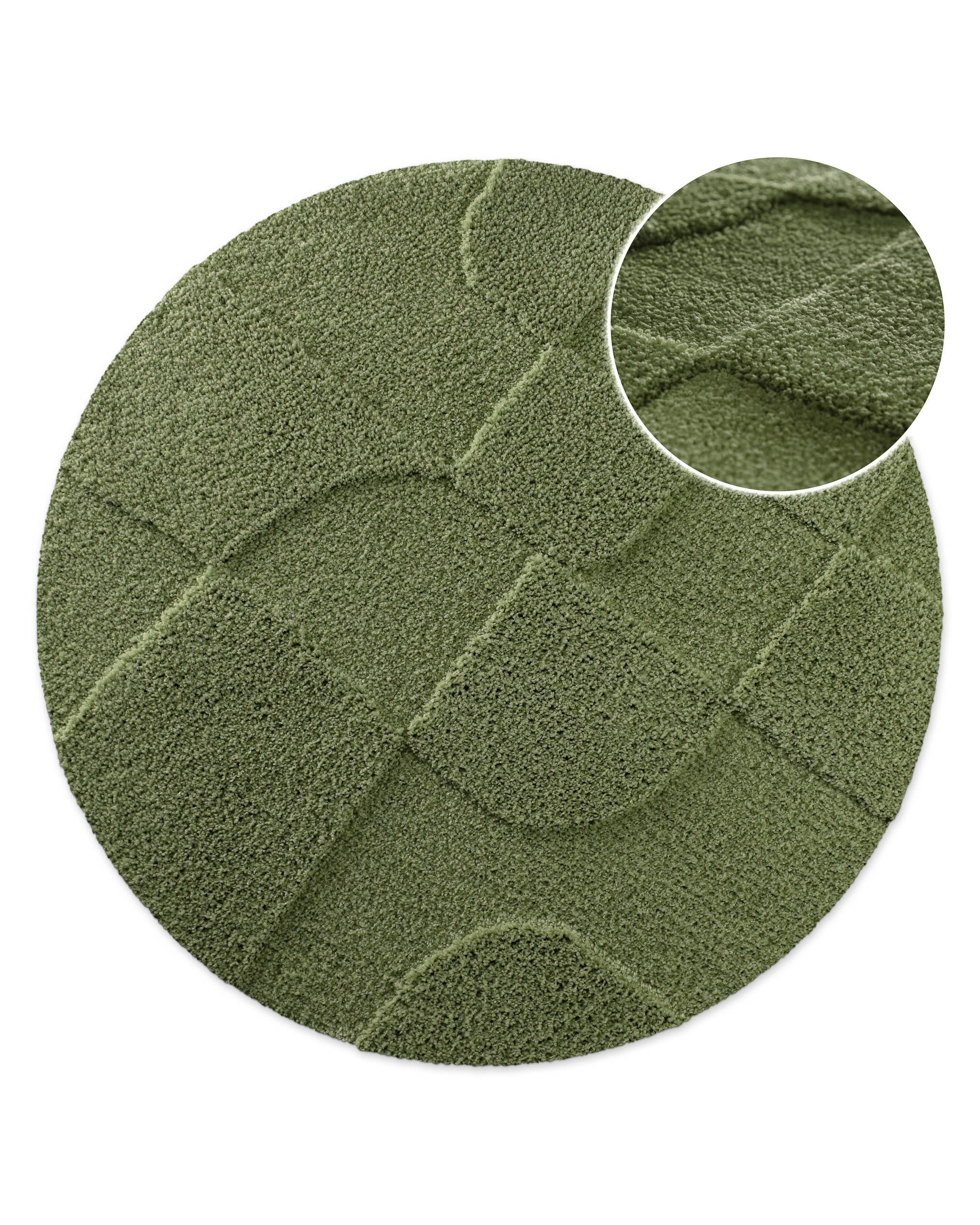 Badteppich von BathKing by WECONhome Davie Reseda Grün rund, Draufsicht mit Detailkreis der Florstruktur und eingeprägtem Linienmuster auf hellem Hintergrund