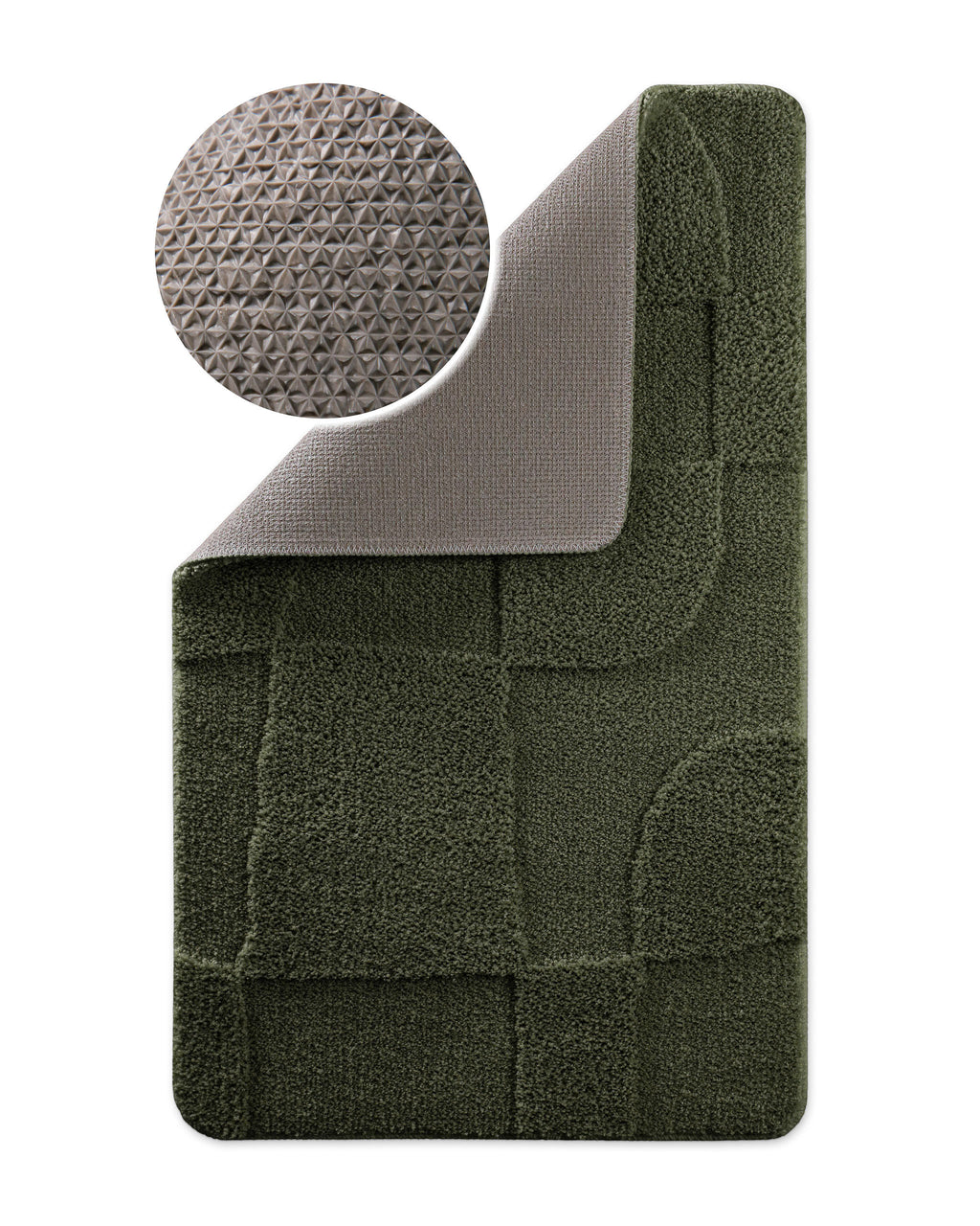 Badteppich von BathKing by WECONhome Davie Kiefer Grün Ecke hochgeklappt, runde Probe zeigt Kiefer Grüne Rückseite mit rutschhemmender Beschichtung