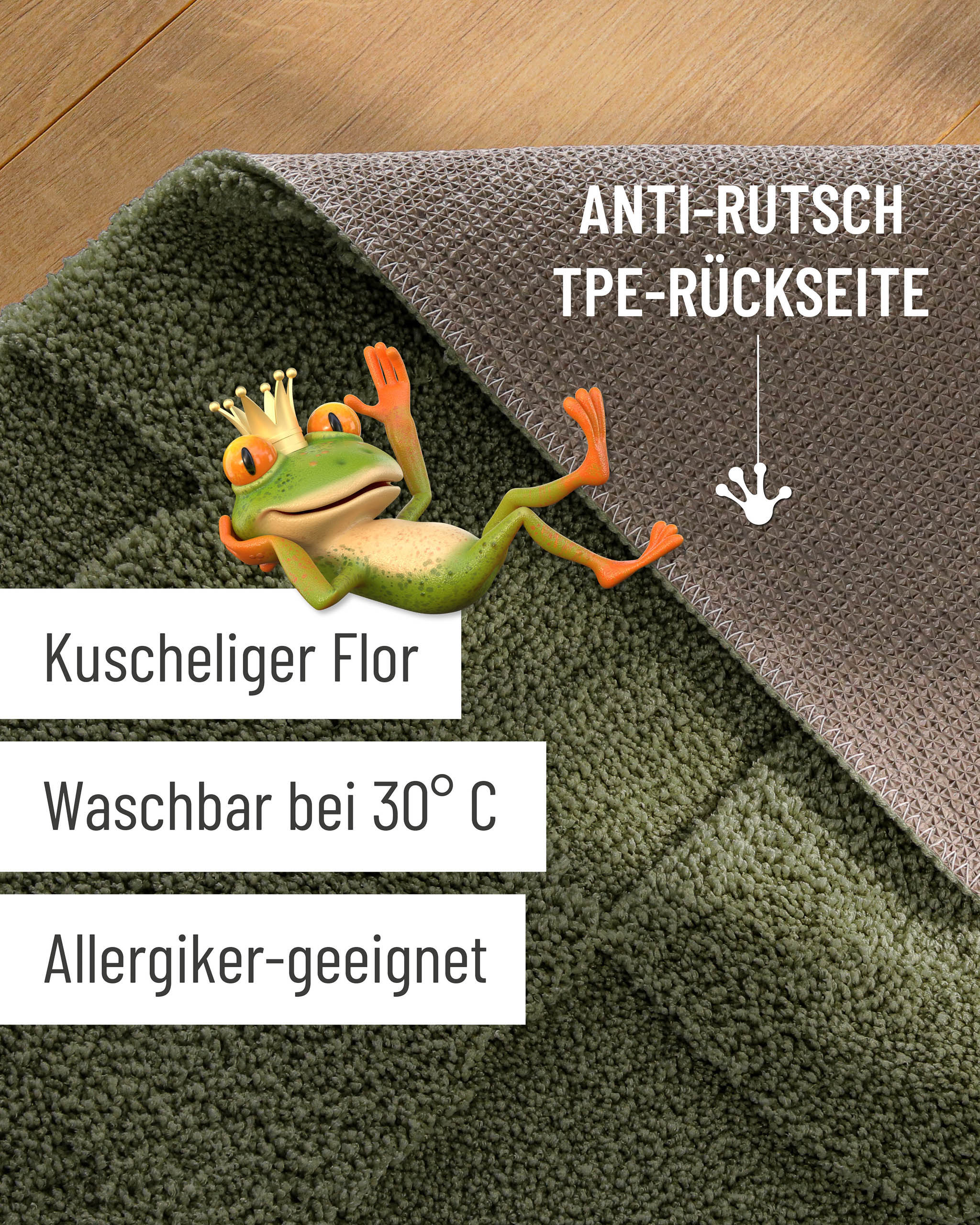 Badteppich von BathKing by WECONhome Davie Kiefer Grün Detailaufnahme Flor auf Holzfußboden, eingeblendete Hinweise zu rutschhemmender Rückseite und Waschbarkeit