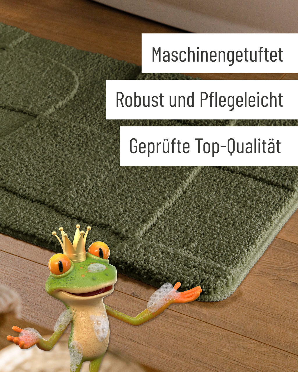 Badteppich von BathKing by WECONhome Davie Kiefer Grün Detail der Teppichkante auf Holzfußboden, eingeblendete Hinweise zu Verarbeitung und Pflege