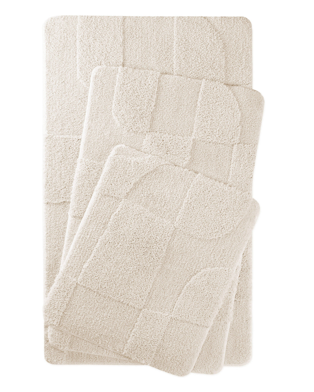 Badteppich von BathKing by WECONhome Davie Creme Weiß zwei rechteckige Matten übereinander gelegt, Draufsicht mit geometrischem Reliefmuster