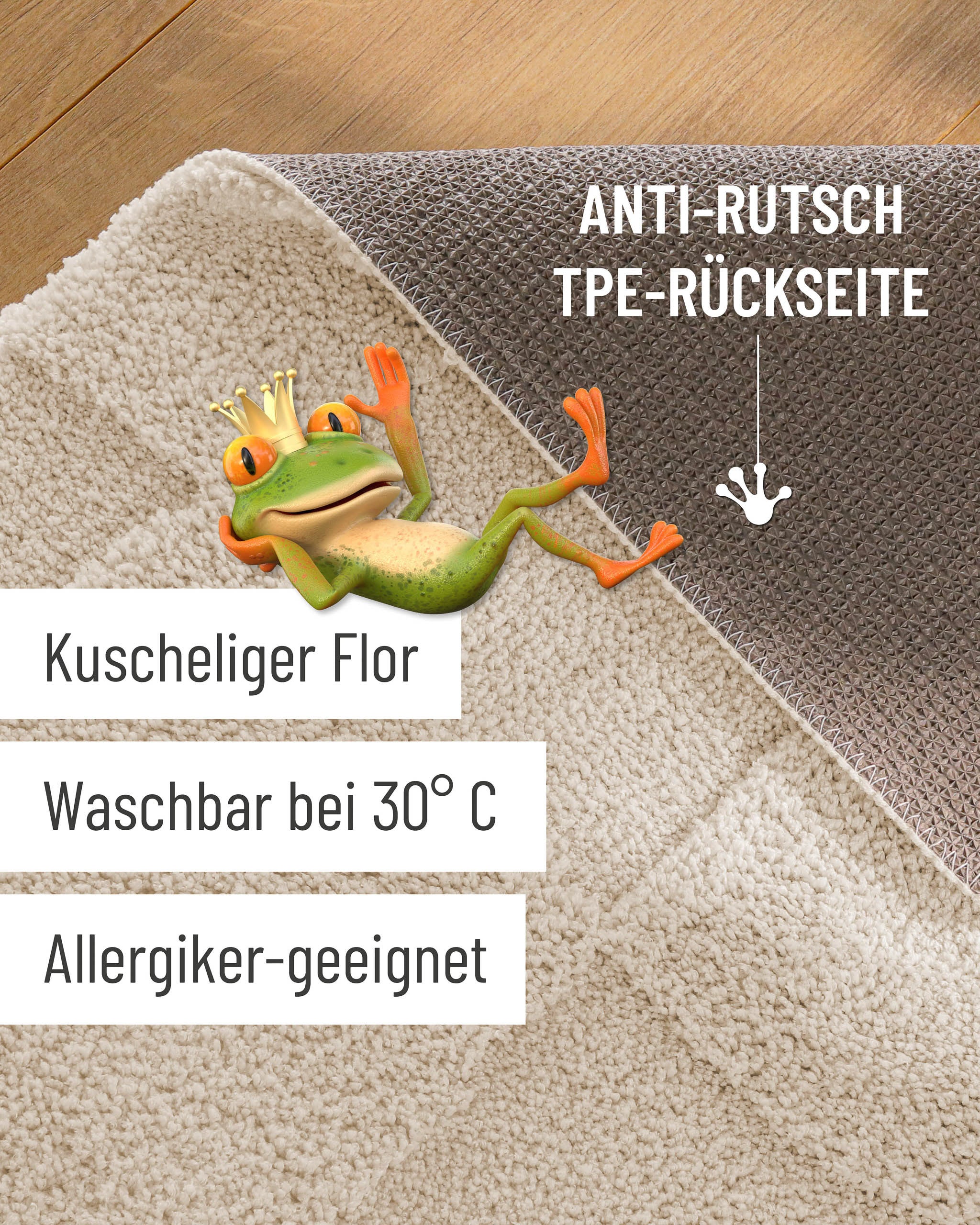 Badteppich von BathKing by WECONhome Davie Creme Weiß Detailaufnahme Flor auf Holzfußboden, eingeblendete Hinweise zu rutschhemmender Rückseite und Waschbarkeit