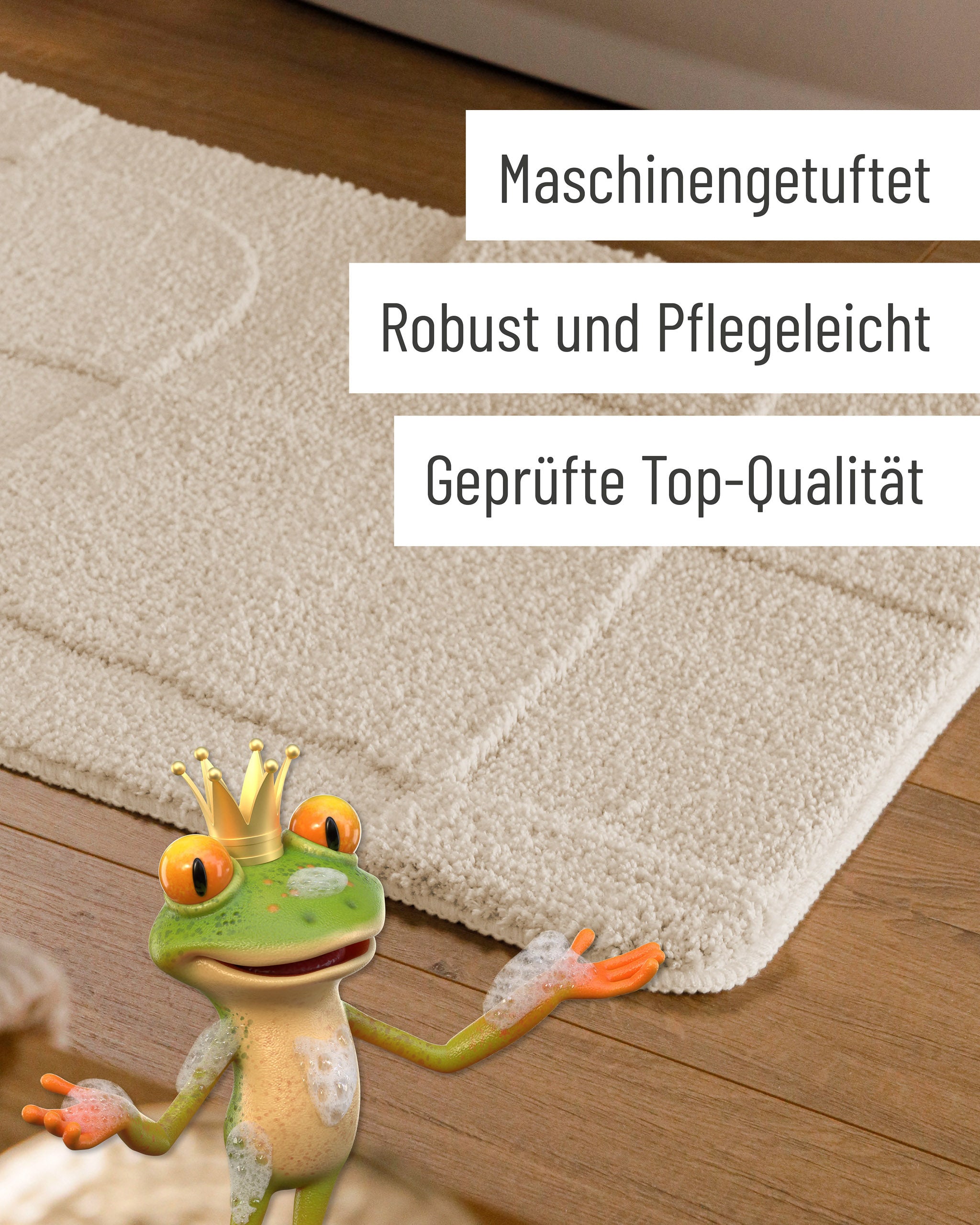 Badteppich von BathKing by WECONhome Davie Creme Weiß Detail der Teppichkante auf Holzfußboden, eingeblendete Hinweise zu Verarbeitung und Pflege