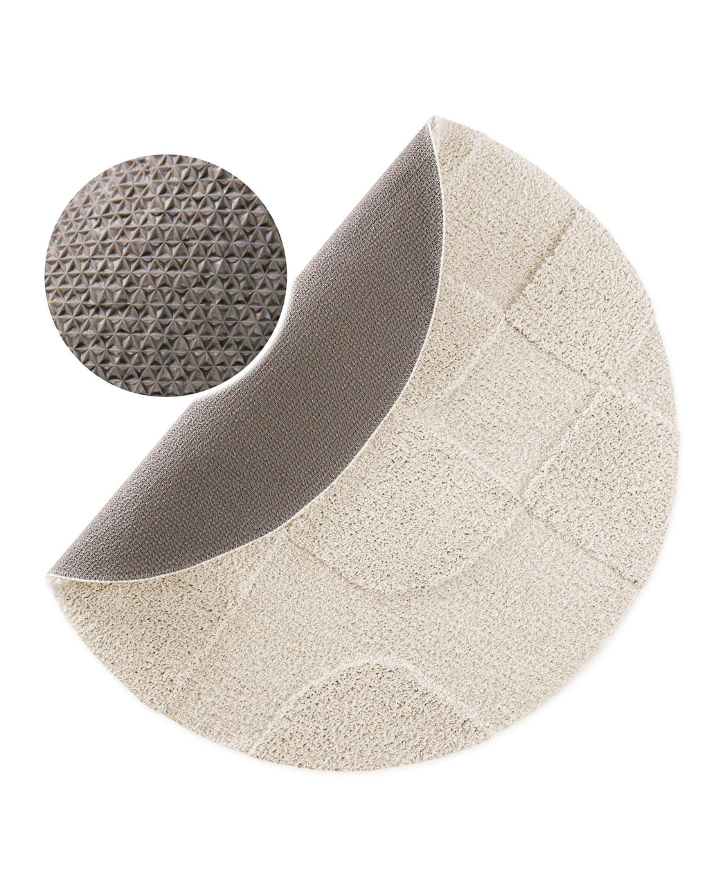 Badteppich von BathKing by WECONhome Davie Creme Weiß rund, angehobene Ecke zeigt Creme Weiße Rückseite mit rutschhemmender Beschichtung