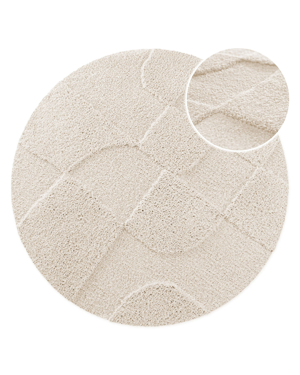 Badteppich von BathKing by WECONhome Davie Creme Weiß rund, Draufsicht mit Detailkreis der Florstruktur und eingeprägtem Linienmuster auf hellem Hintergrund