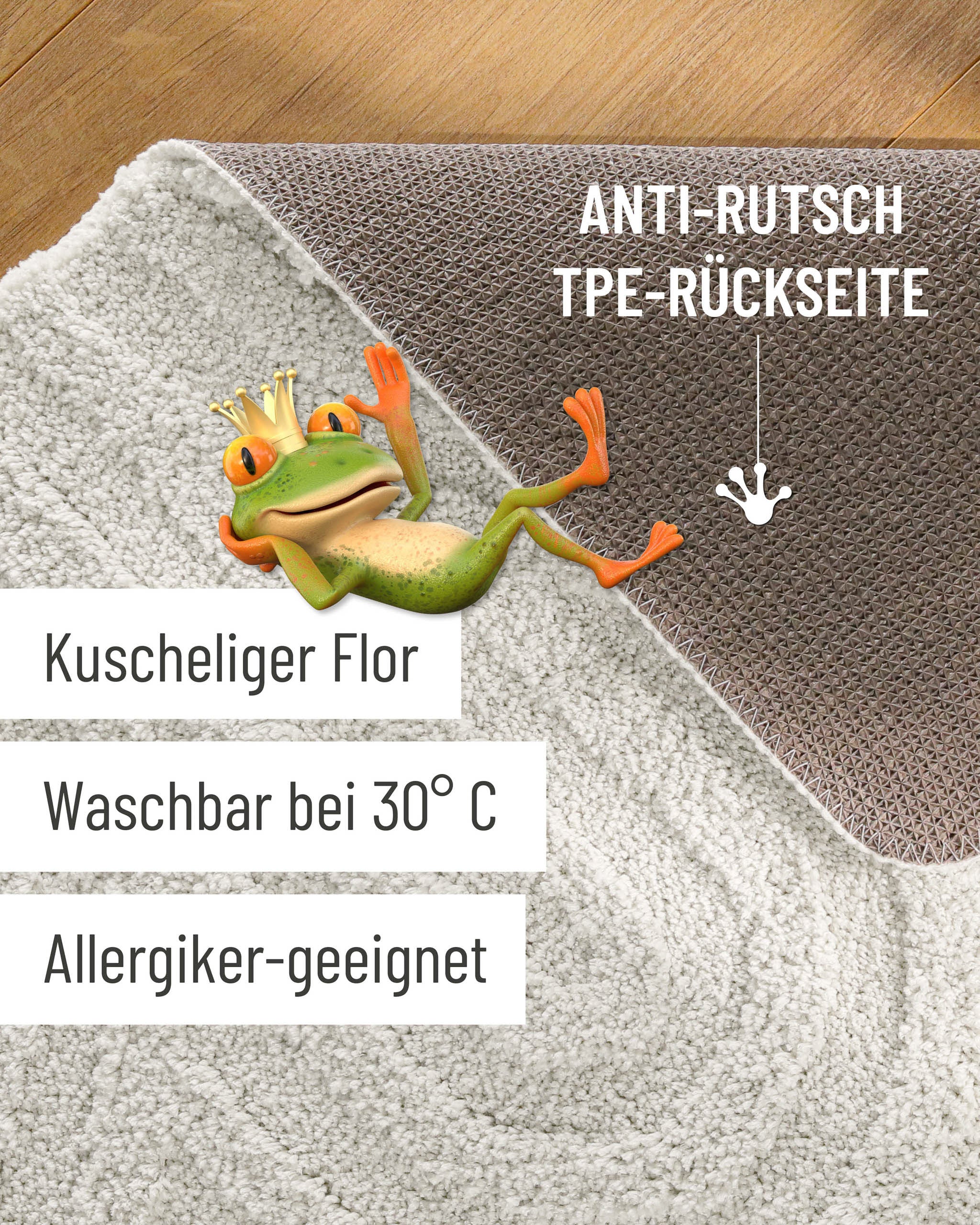 Badteppich von BathKing by WECONhome Fiete Weiß Detailaufnahme Flor auf Holzfußboden, eingeblendete Hinweise zu rutschhemmender Rückseite und Waschbarkeit