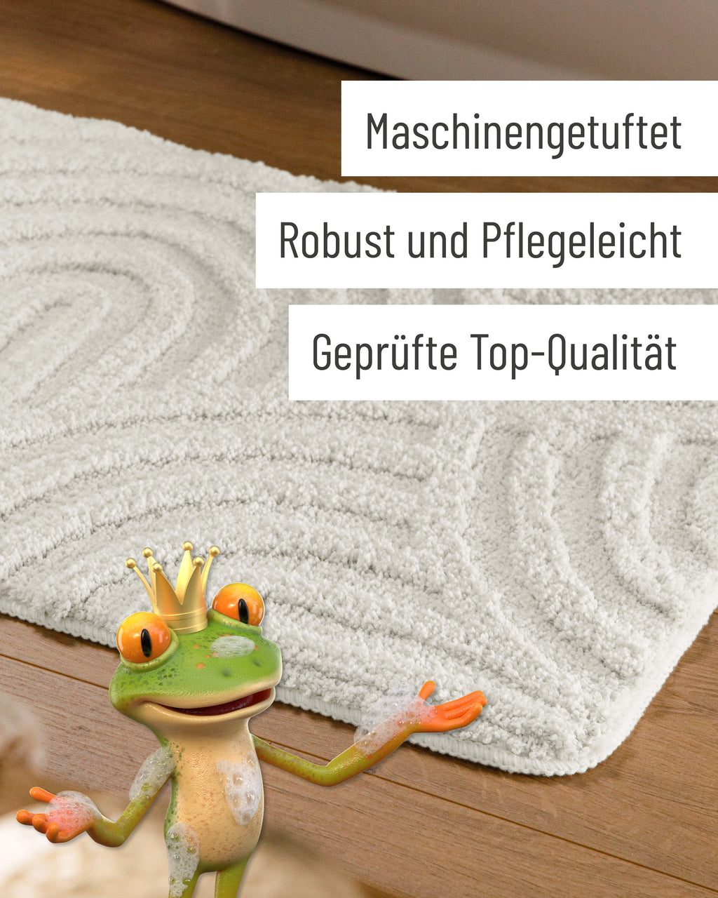 Badteppich von BathKing by WECONhome Fiete Weiß Detail der Teppichkante auf Holzfußboden, eingeblendete Hinweise zu Verarbeitung und Pflege