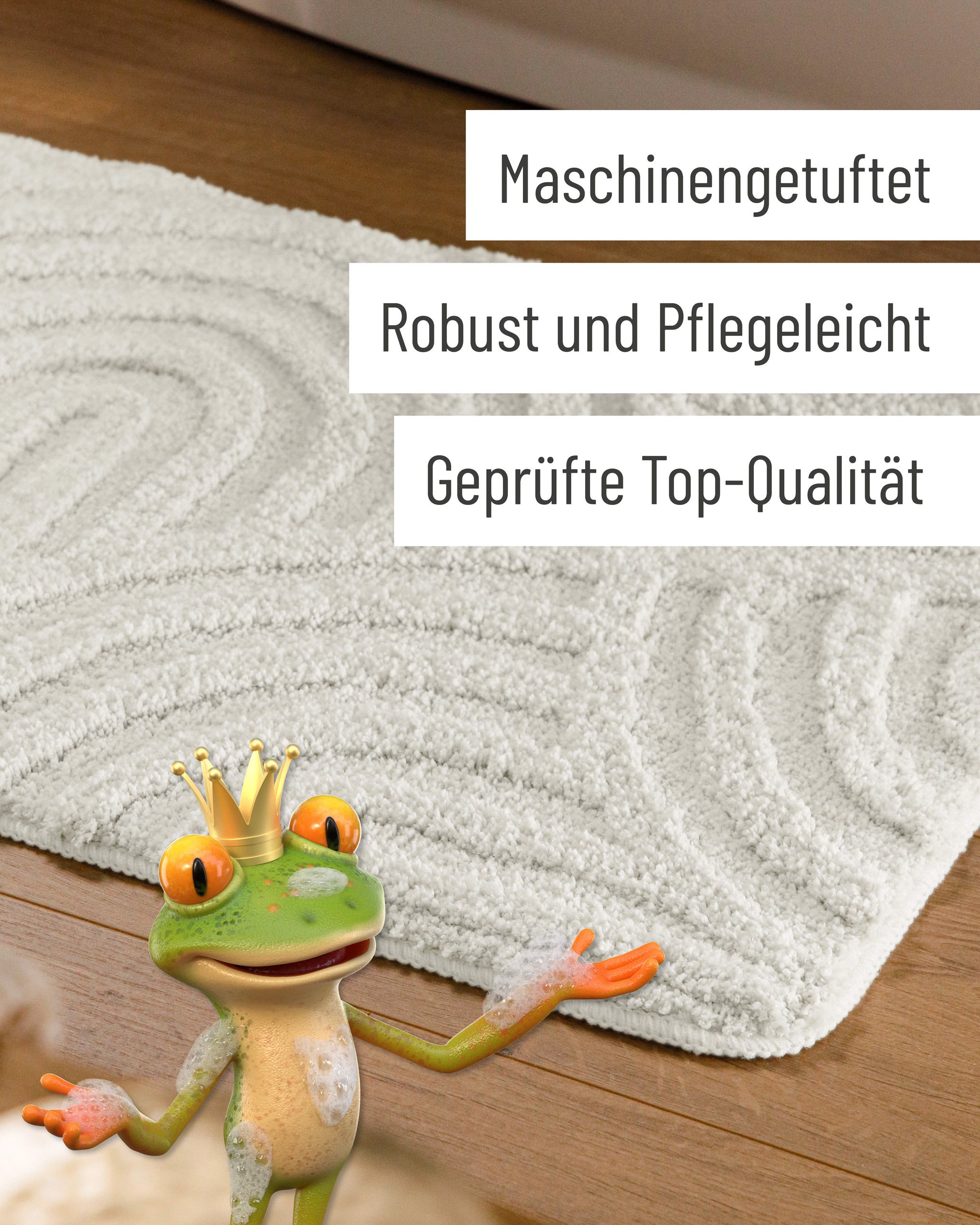 Badteppich von BathKing by WECONhome Fiete Weiß Detail der Teppichkante auf Holzfußboden, eingeblendete Hinweise zu Verarbeitung und Pflege