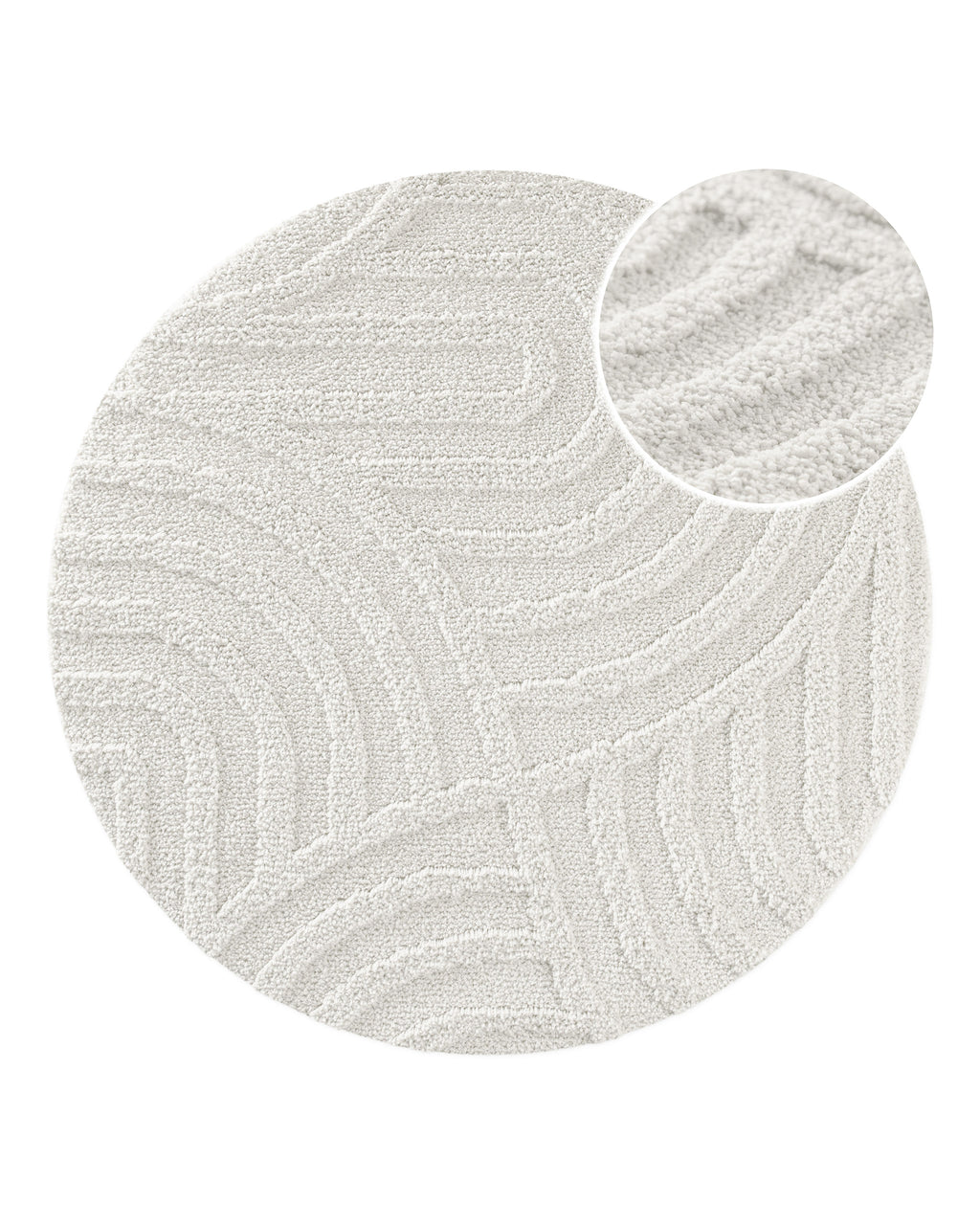 Badteppich von BathKing by WECONhome Fiete Weiß rund, Draufsicht mit Detailkreis der Florstruktur und eingeprägtem Linienmuster auf hellem Hintergrund