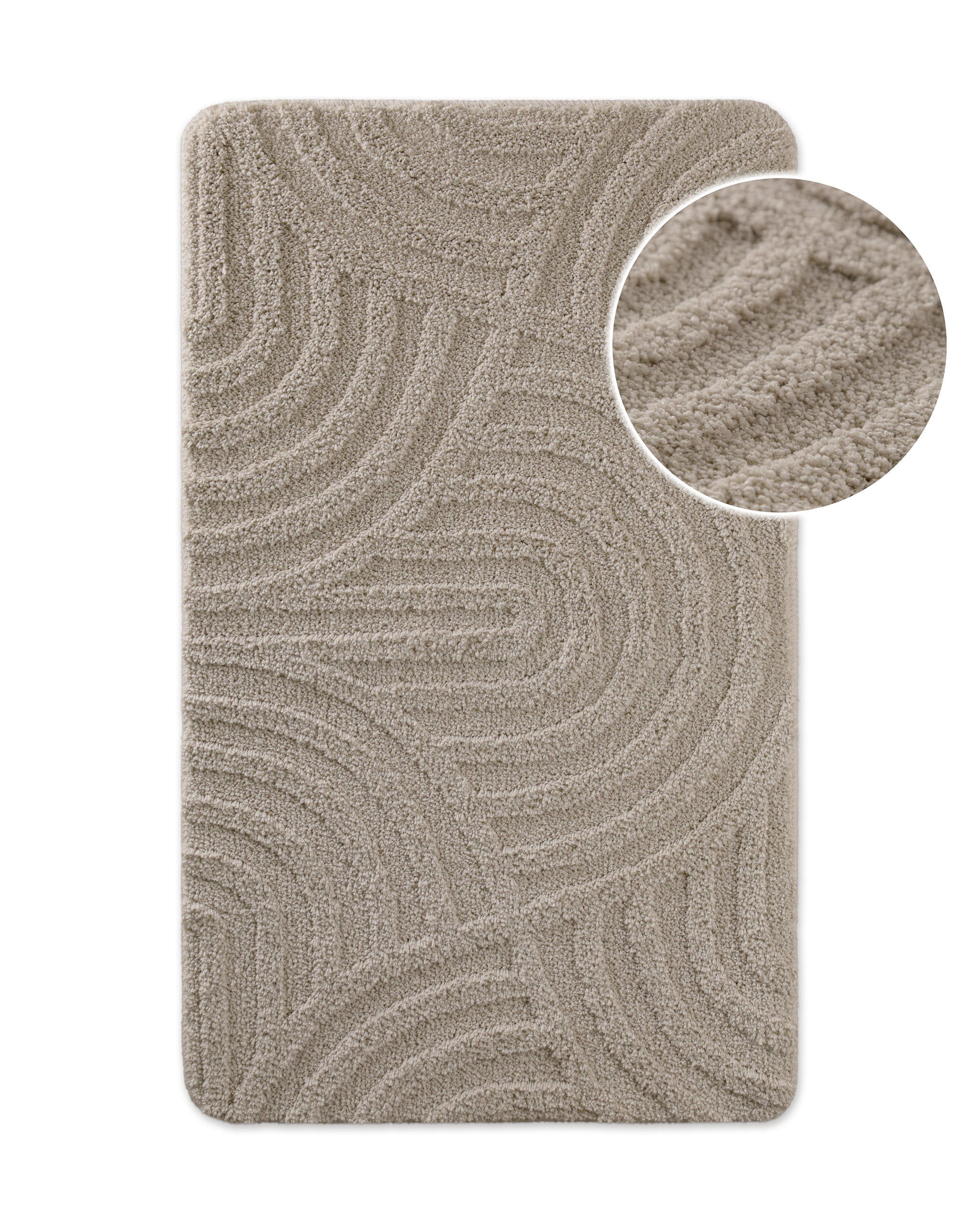 Badteppich von BathKing by WECONhome Fiete Sand Beige, Draufsicht mit Detailkreis der Florstruktur und eingeprägtem Linienmuster auf weißem Hintergrund
