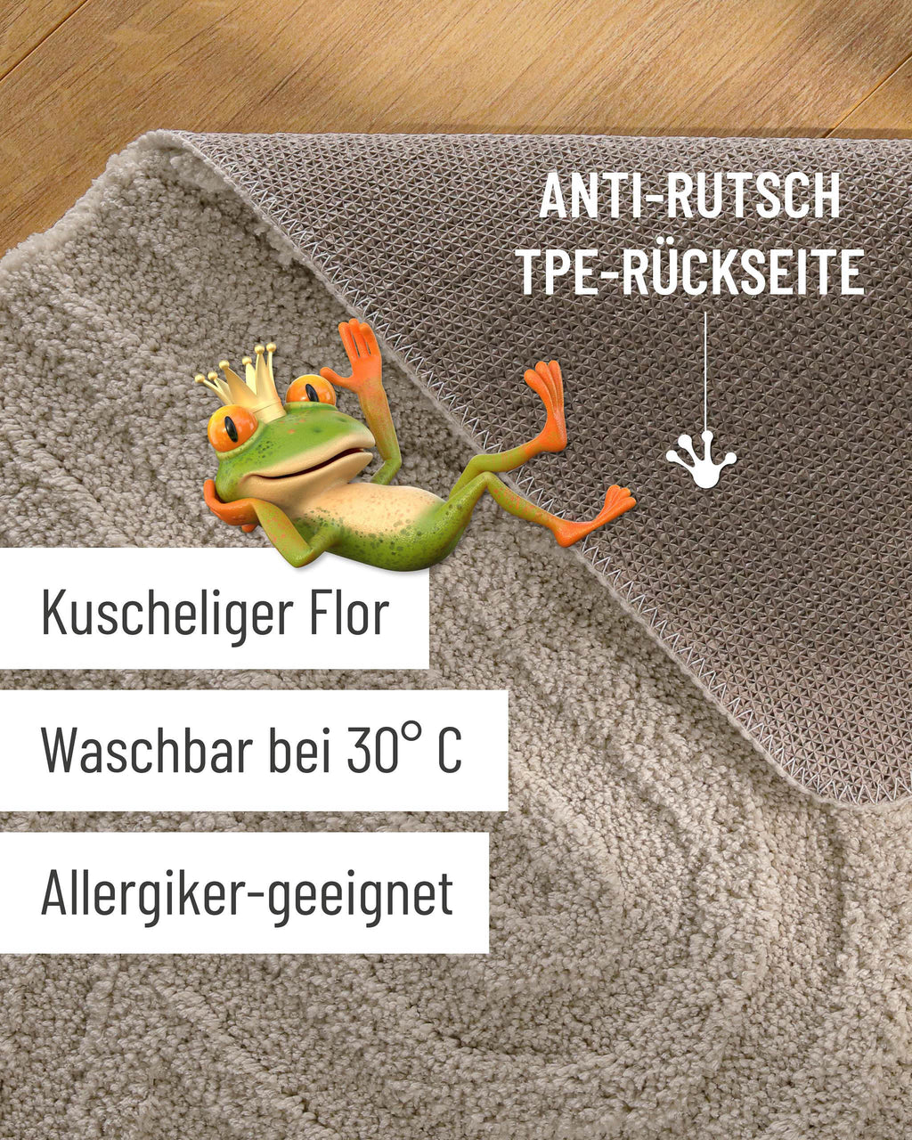 Badteppich von BathKing by WECONhome Fiete Grau Detailaufnahme Flor auf Holzfußboden, eingeblendete Hinweise zu rutschhemmender Rückseite und Waschbarkeit