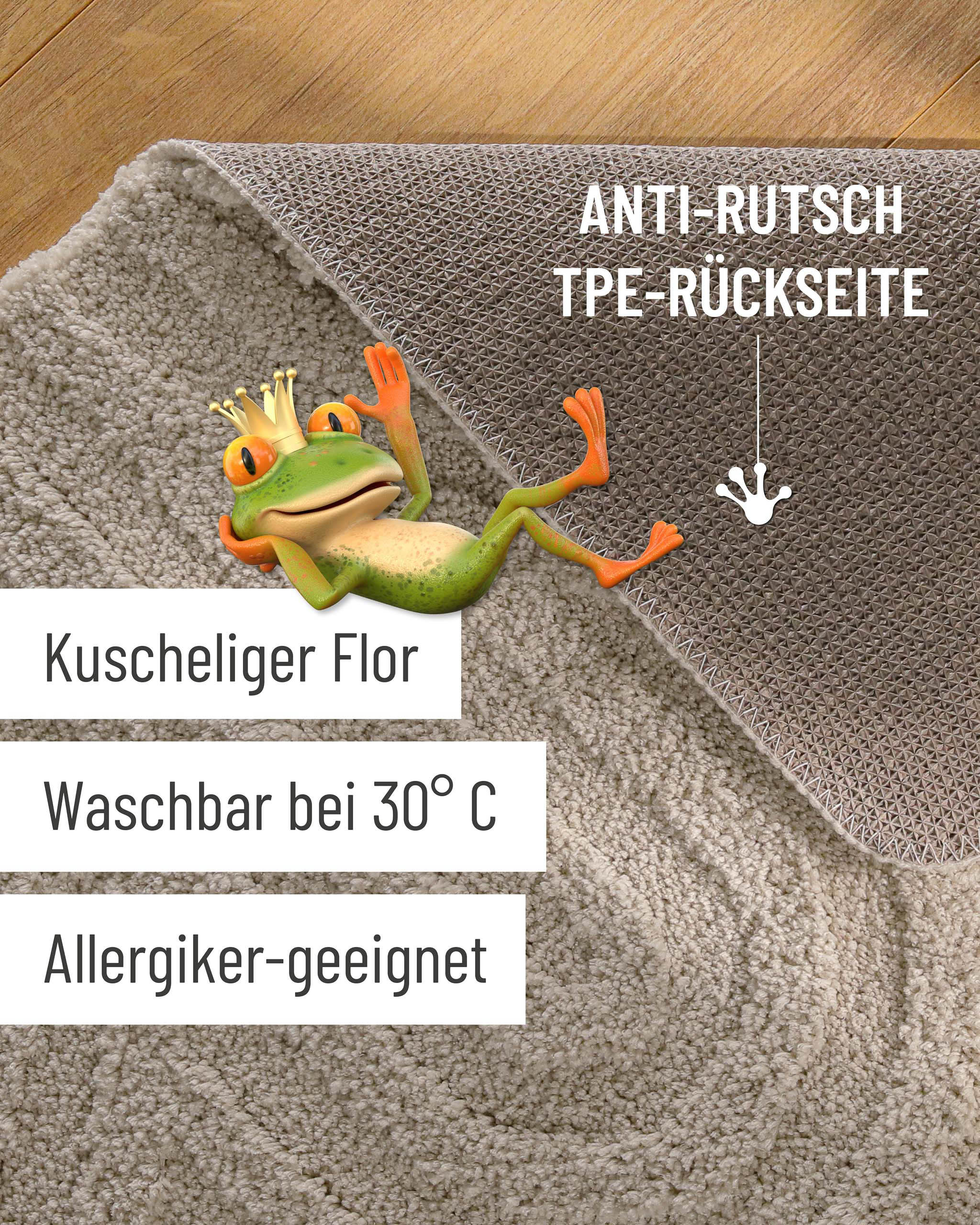 Badteppich von BathKing by WECONhome Fiete Grau Detailaufnahme Flor auf Holzfußboden, eingeblendete Hinweise zu rutschhemmender Rückseite und Waschbarkeit