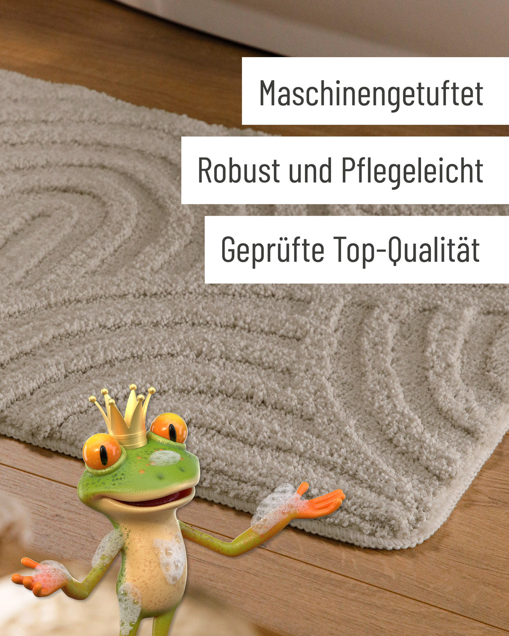 Badteppich von BathKing by WECONhome Fiete Grau Detail der Teppichkante auf Holzfußboden, eingeblendete Hinweise zu Verarbeitung und Pflege