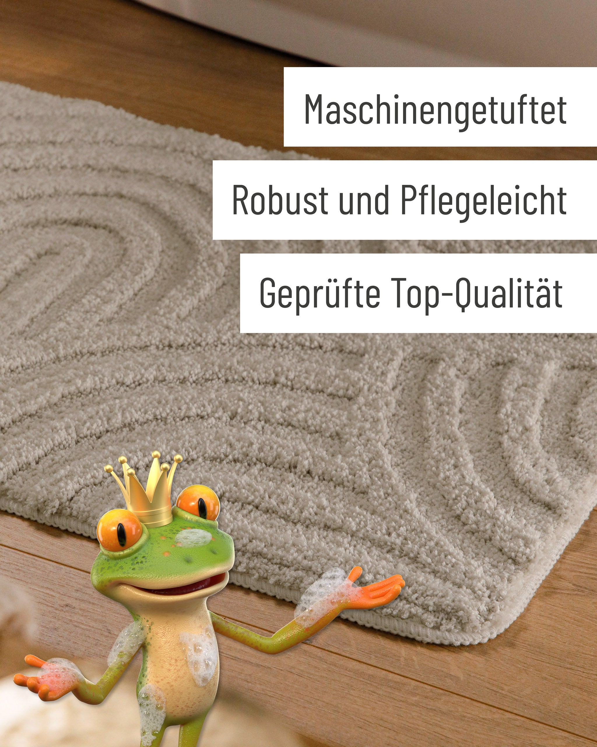 Badteppich von BathKing by WECONhome Fiete Grau Detail der Teppichkante auf Holzfußboden, eingeblendete Hinweise zu Verarbeitung und Pflege