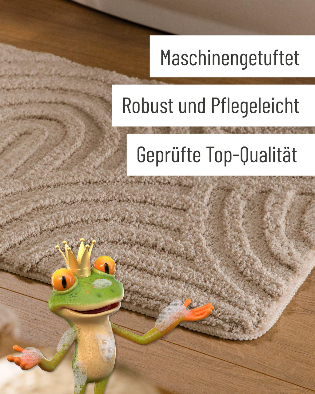 Badteppich von BathKing by WECONhome Fiete Sand Beige Detail der Teppichkante auf Holzfußboden, eingeblendete Hinweise zu Verarbeitung und Pflege