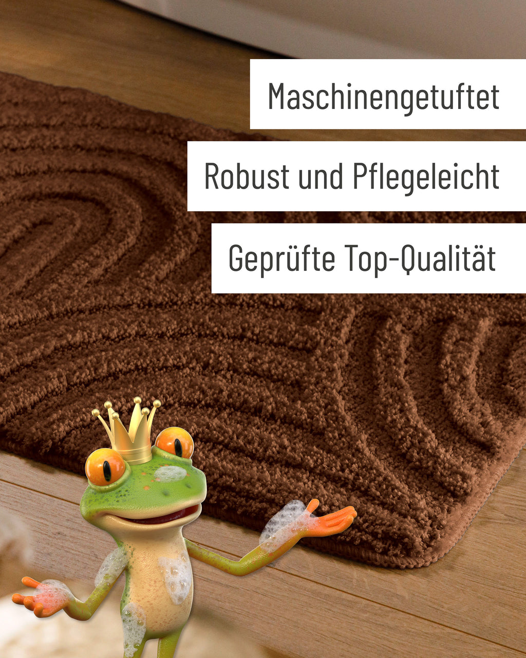 Badteppich von BathKing by WECONhome Fiete Braun Detail der Teppichkante auf Holzfußboden, eingeblendete Hinweise zu Verarbeitung und Pflege
