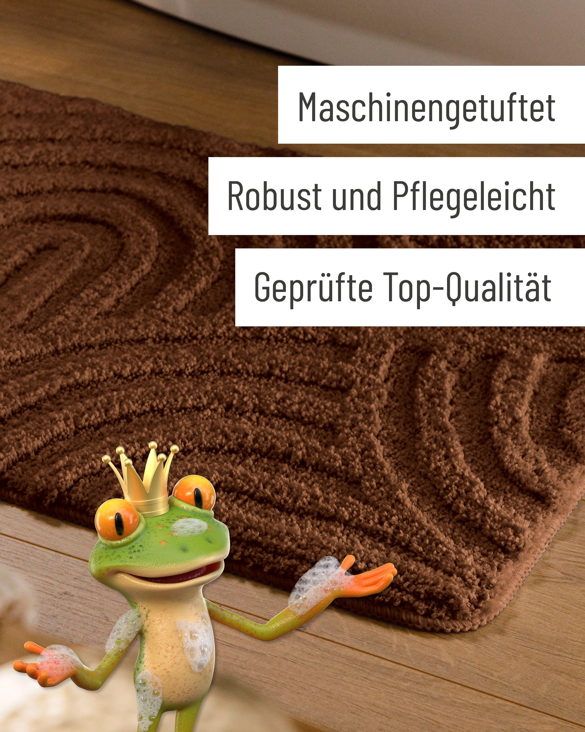 Badteppich von BathKing by WECONhome Fiete Braun Detail der Teppichkante auf Holzfußboden, eingeblendete Hinweise zu Verarbeitung und Pflege