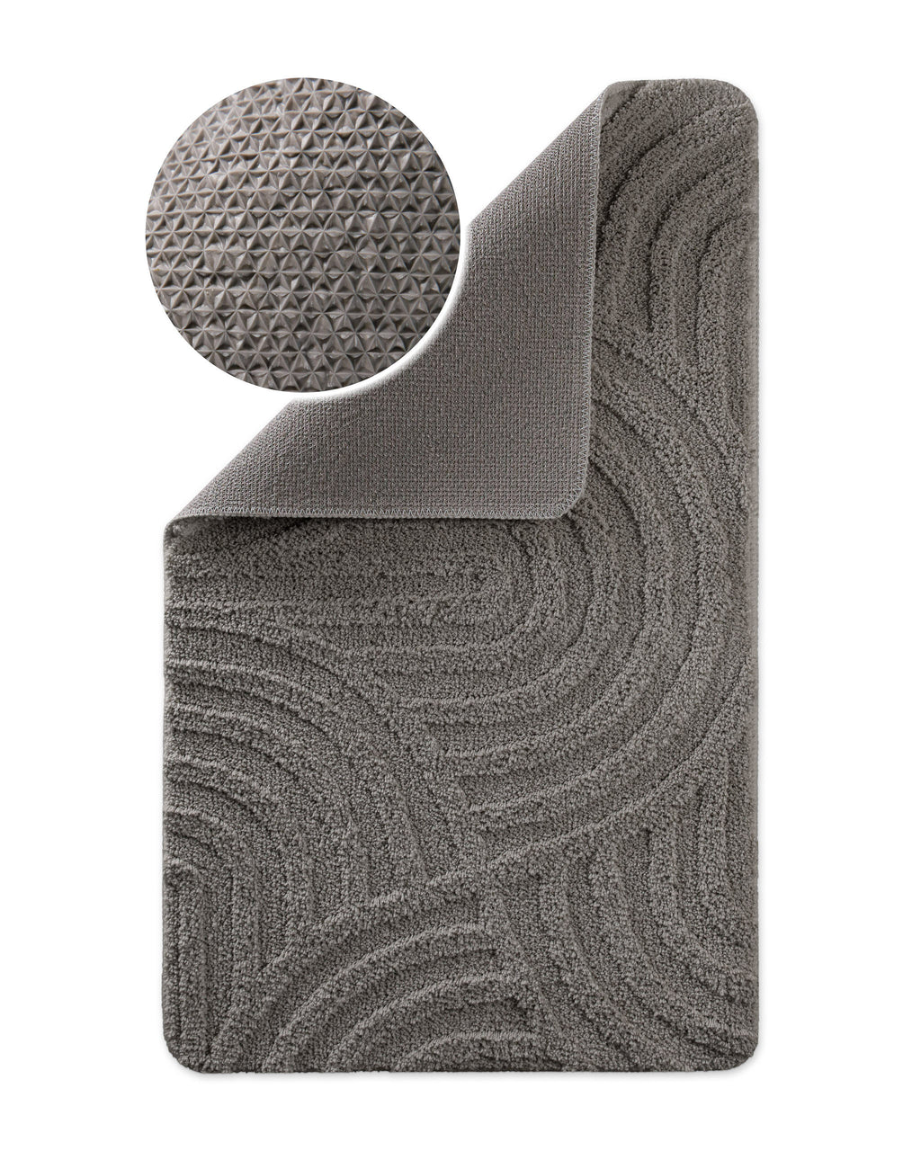 Badteppich von BathKing by WECONhome Fiete Basalt Grau Ecke hochgeklappt, runde Probe zeigt Basalt Graue Rückseite mit rutschhemmender Beschichtung