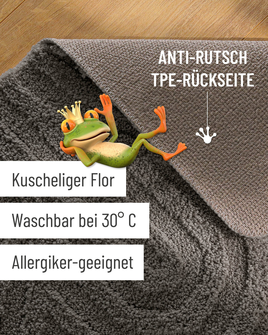 Badteppich von BathKing by WECONhome Fiete Basalt Grau Detailaufnahme Flor auf Holzfußboden, eingeblendete Hinweise zu rutschhemmender Rückseite und Waschbarkeit