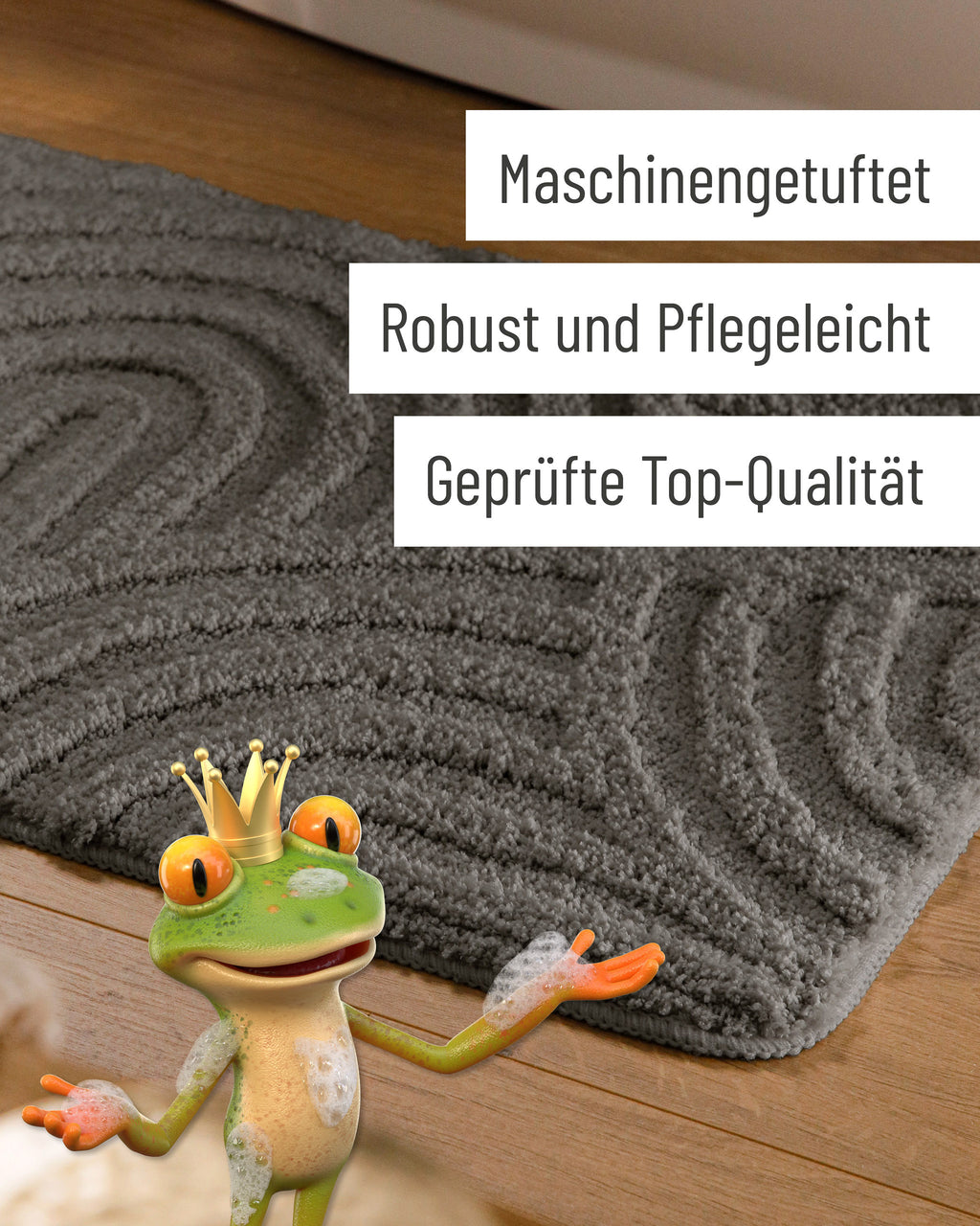 Badteppich von BathKing by WECONhome Fiete Basalt Grau Detail der Teppichkante auf Holzfußboden, eingeblendete Hinweise zu Verarbeitung und Pflege