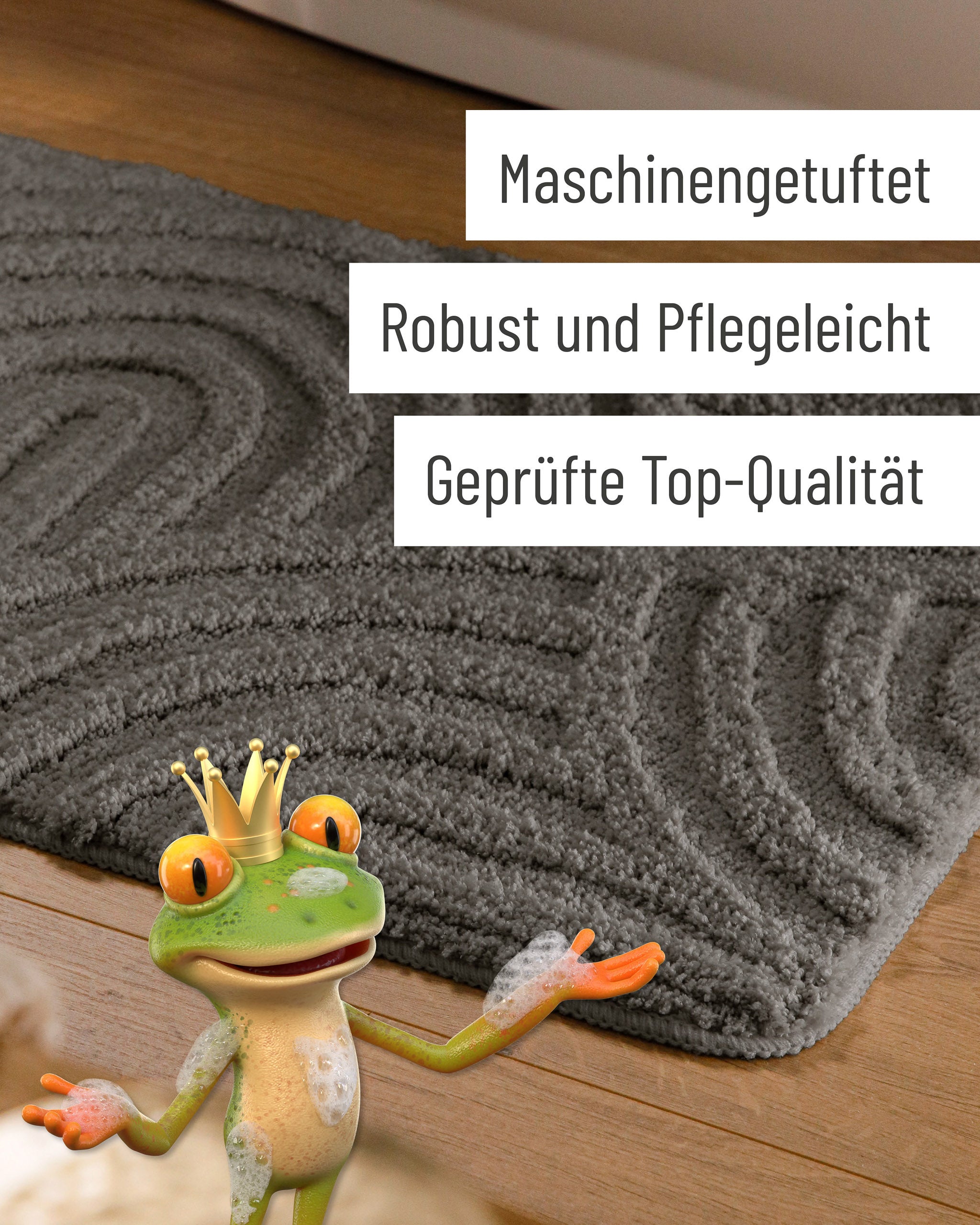 Badteppich von BathKing by WECONhome Fiete Basalt Grau Detail der Teppichkante auf Holzfußboden, eingeblendete Hinweise zu Verarbeitung und Pflege