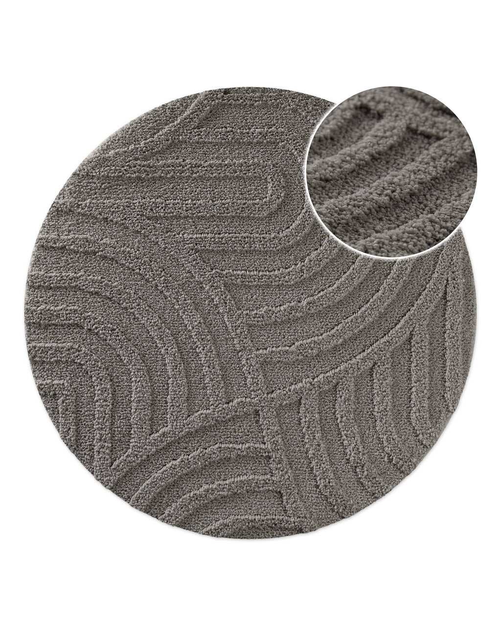 Badteppich von BathKing by WECONhome Fiete Basalt Grau rund, Draufsicht mit Detailkreis der Florstruktur und eingeprägtem Linienmuster auf hellem Hintergrund