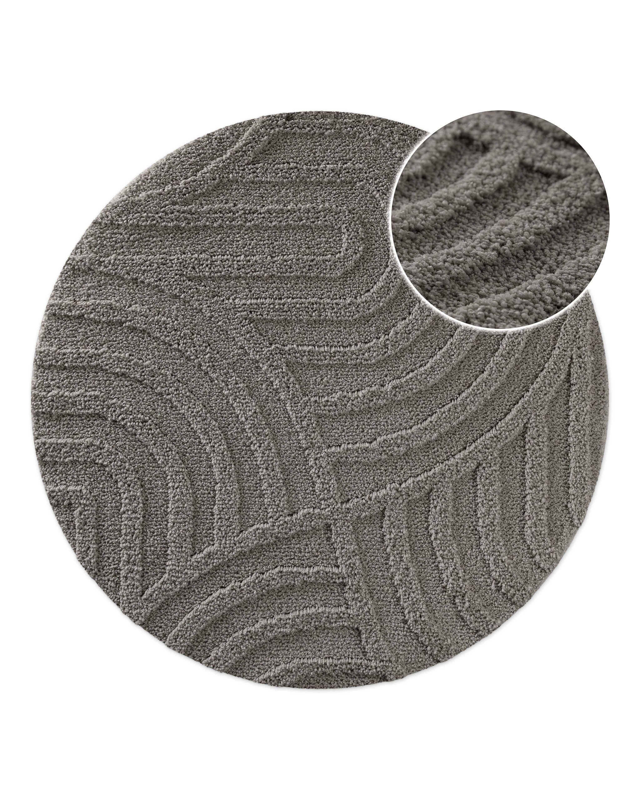 Badteppich von BathKing by WECONhome Fiete Basalt Grau rund, Draufsicht mit Detailkreis der Florstruktur und eingeprägtem Linienmuster auf hellem Hintergrund