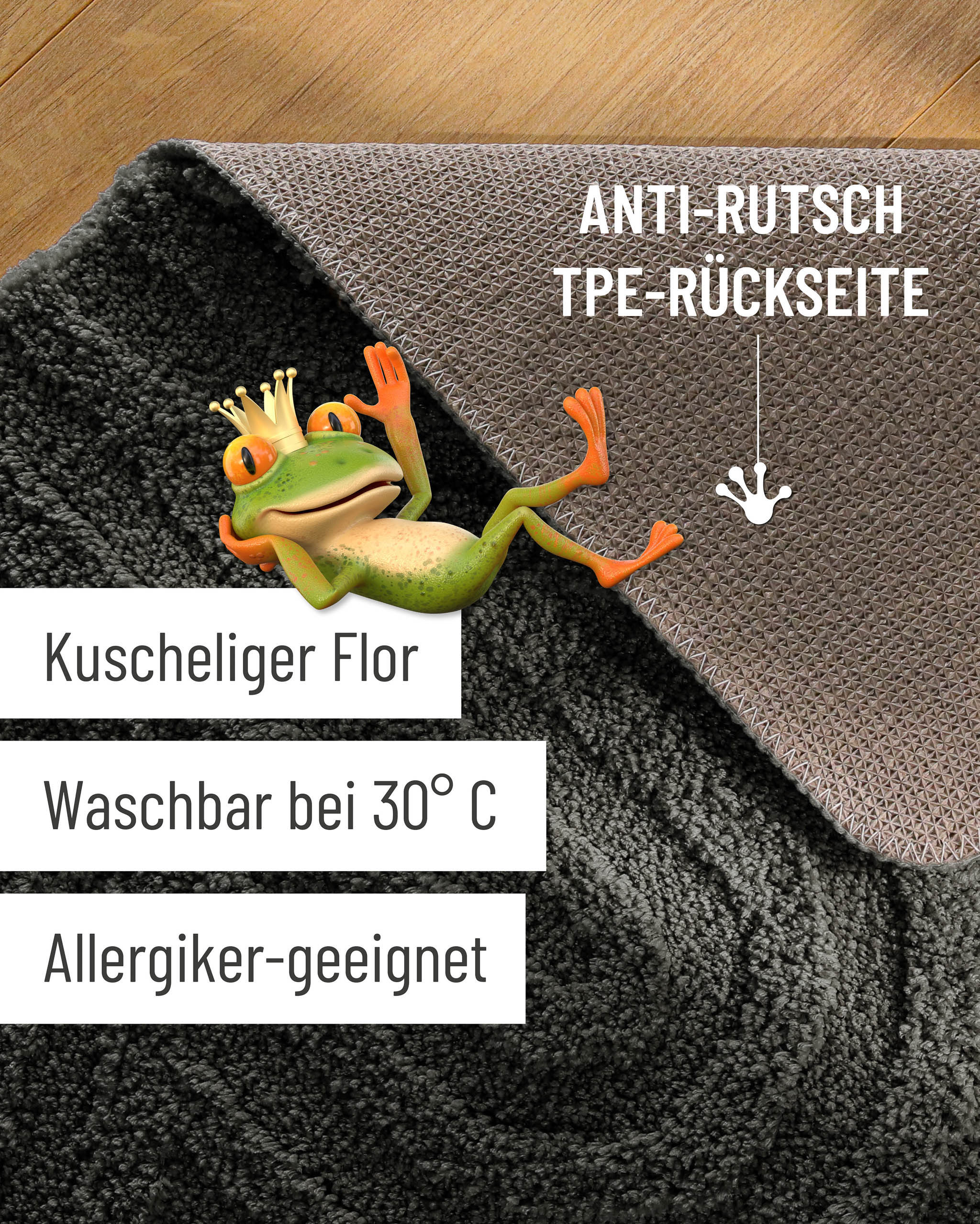 Badteppich von BathKing by WECONhome Fiete Anthrazit Grau Detailaufnahme Flor auf Holzfußboden, eingeblendete Hinweise zu rutschhemmender Rückseite und Waschbarkeit