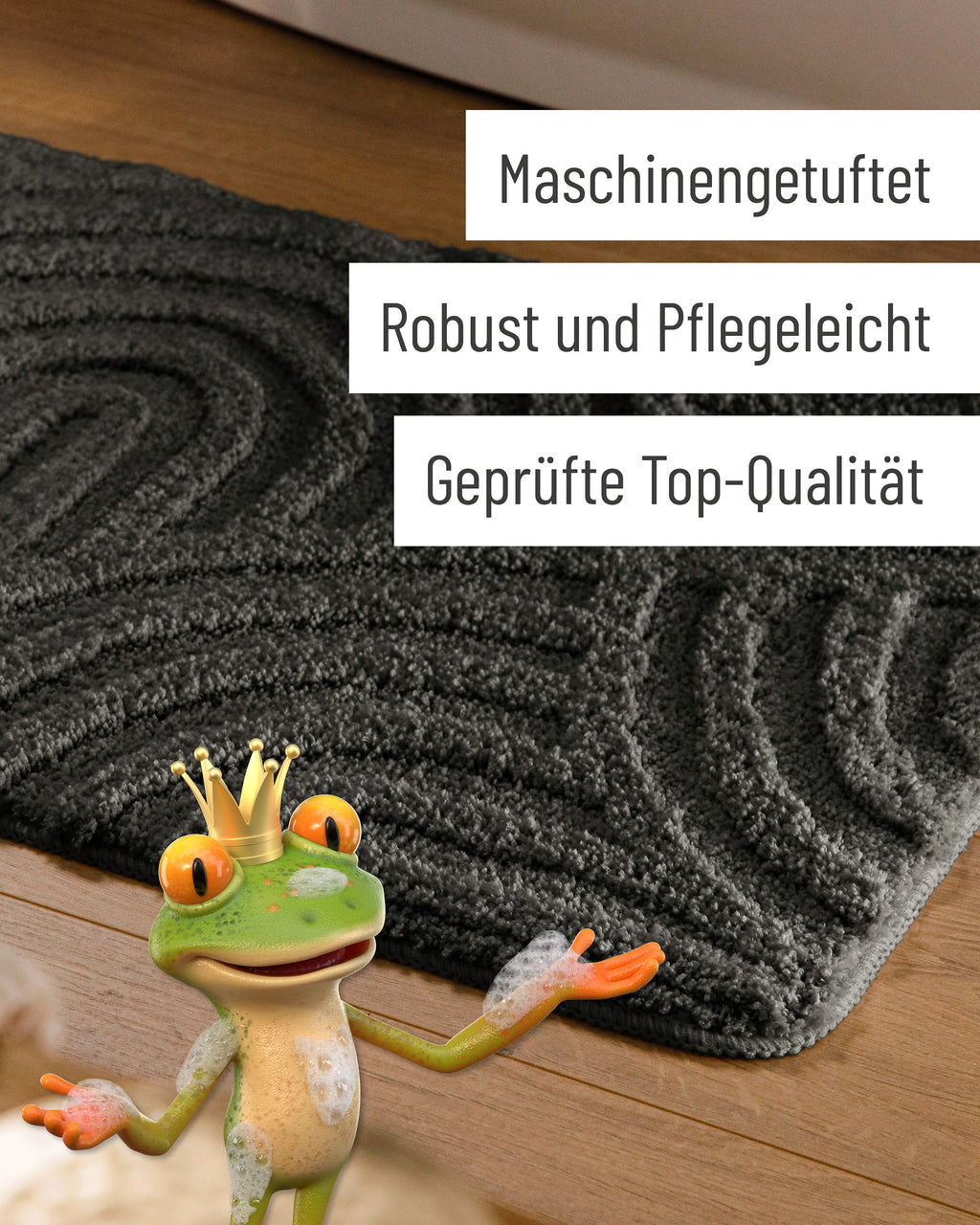 Badteppich von BathKing by WECONhome Fiete Anthrazit Grau Detail der Teppichkante auf Holzfußboden, eingeblendete Hinweise zu Verarbeitung und Pflege