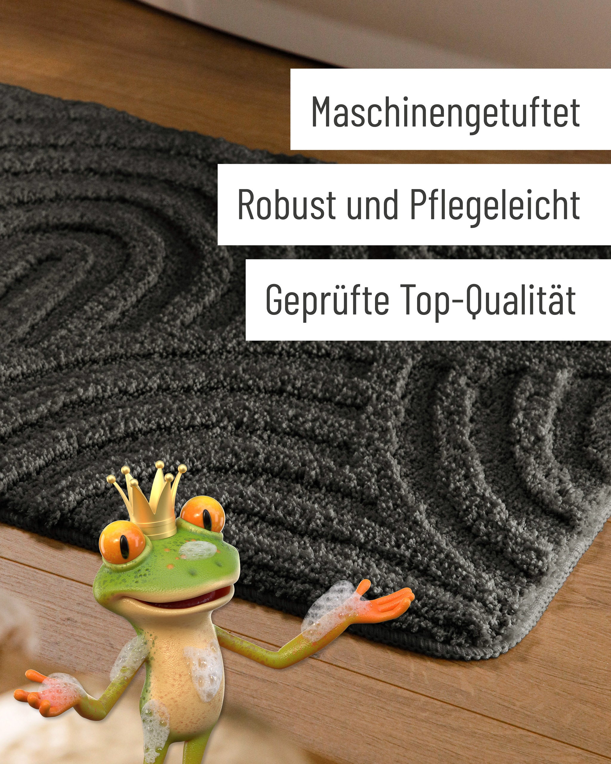 Badteppich von BathKing by WECONhome Fiete Anthrazit Grau Detail der Teppichkante auf Holzfußboden, eingeblendete Hinweise zu Verarbeitung und Pflege