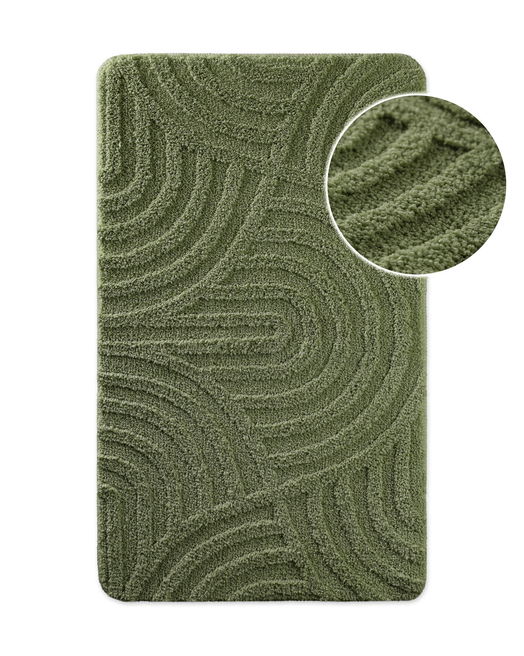 Badteppich von BathKing by WECONhome Fiete Grün, Draufsicht mit Detailkreis der Florstruktur und eingeprägtem Linienmuster auf weißem Hintergrund