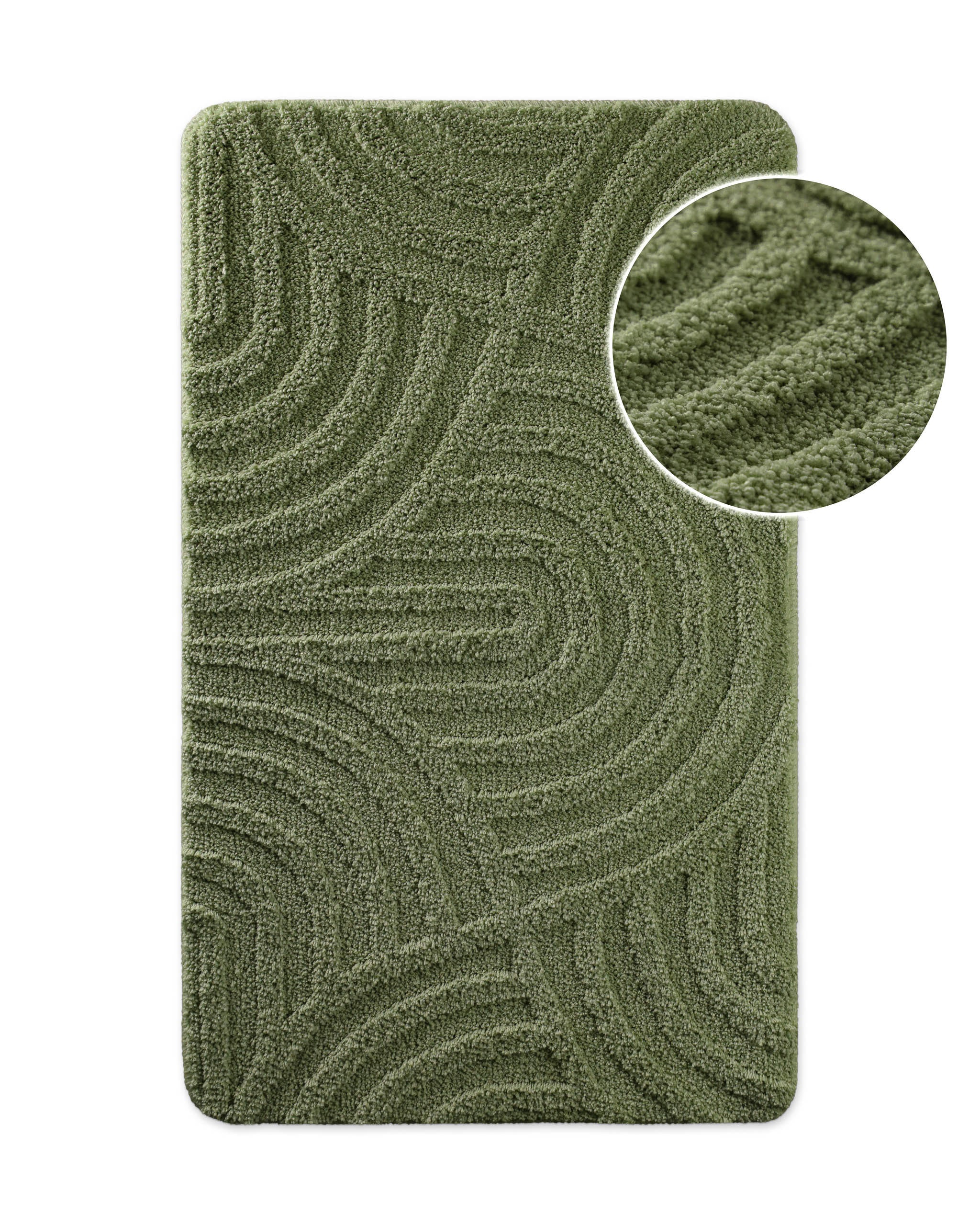 Badteppich von BathKing by WECONhome Fiete Grün, Draufsicht mit Detailkreis der Florstruktur und eingeprägtem Linienmuster auf weißem Hintergrund