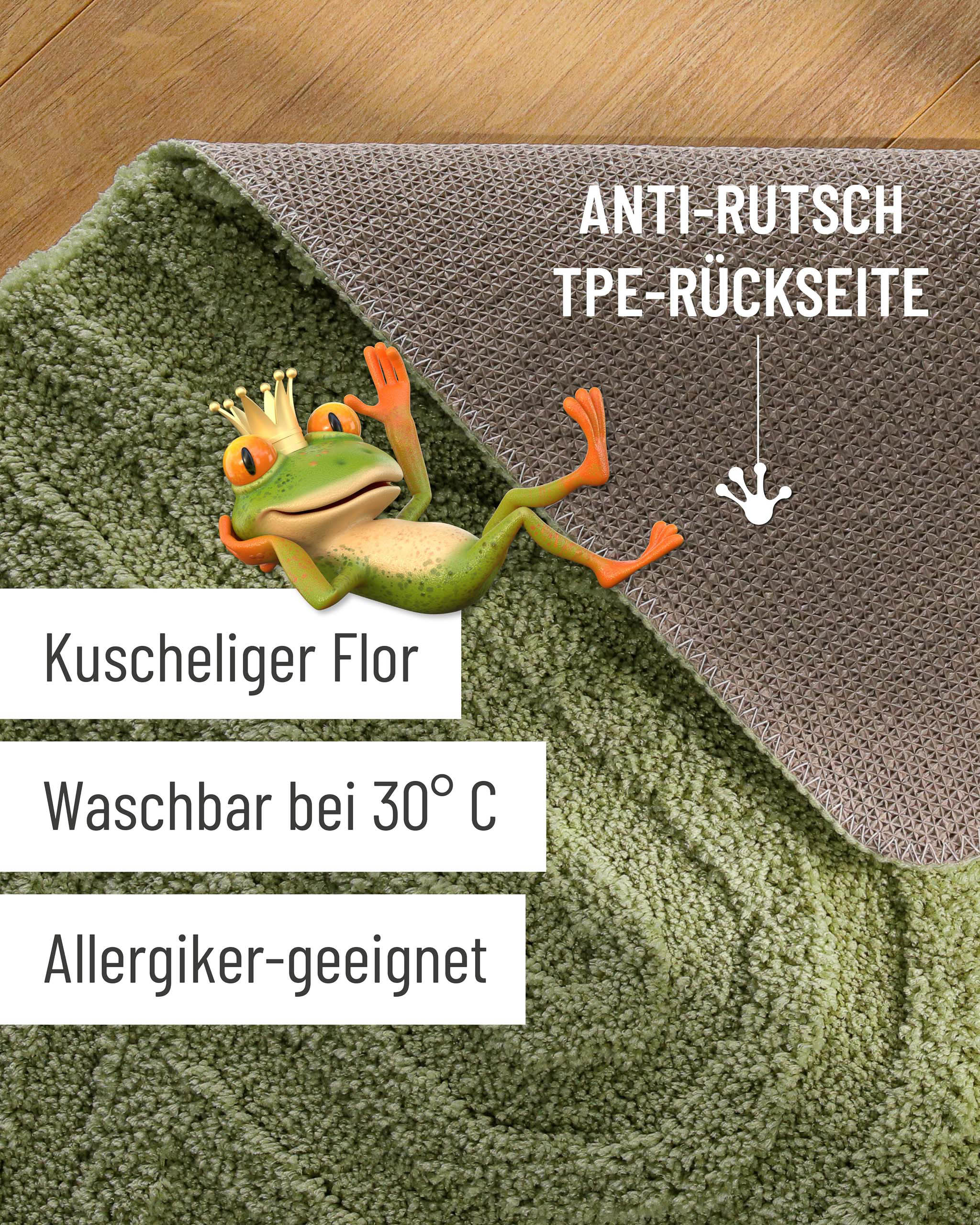 Badteppich von BathKing by WECONhome Fiete Reseda Grün Detailaufnahme Flor auf Holzfußboden, eingeblendete Hinweise zu rutschhemmender Rückseite und Waschbarkeit
