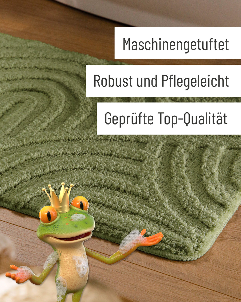 Badteppich von BathKing by WECONhome Fiete Reseda Grün Detail der Teppichkante auf Holzfußboden, eingeblendete Hinweise zu Verarbeitung und Pflege
