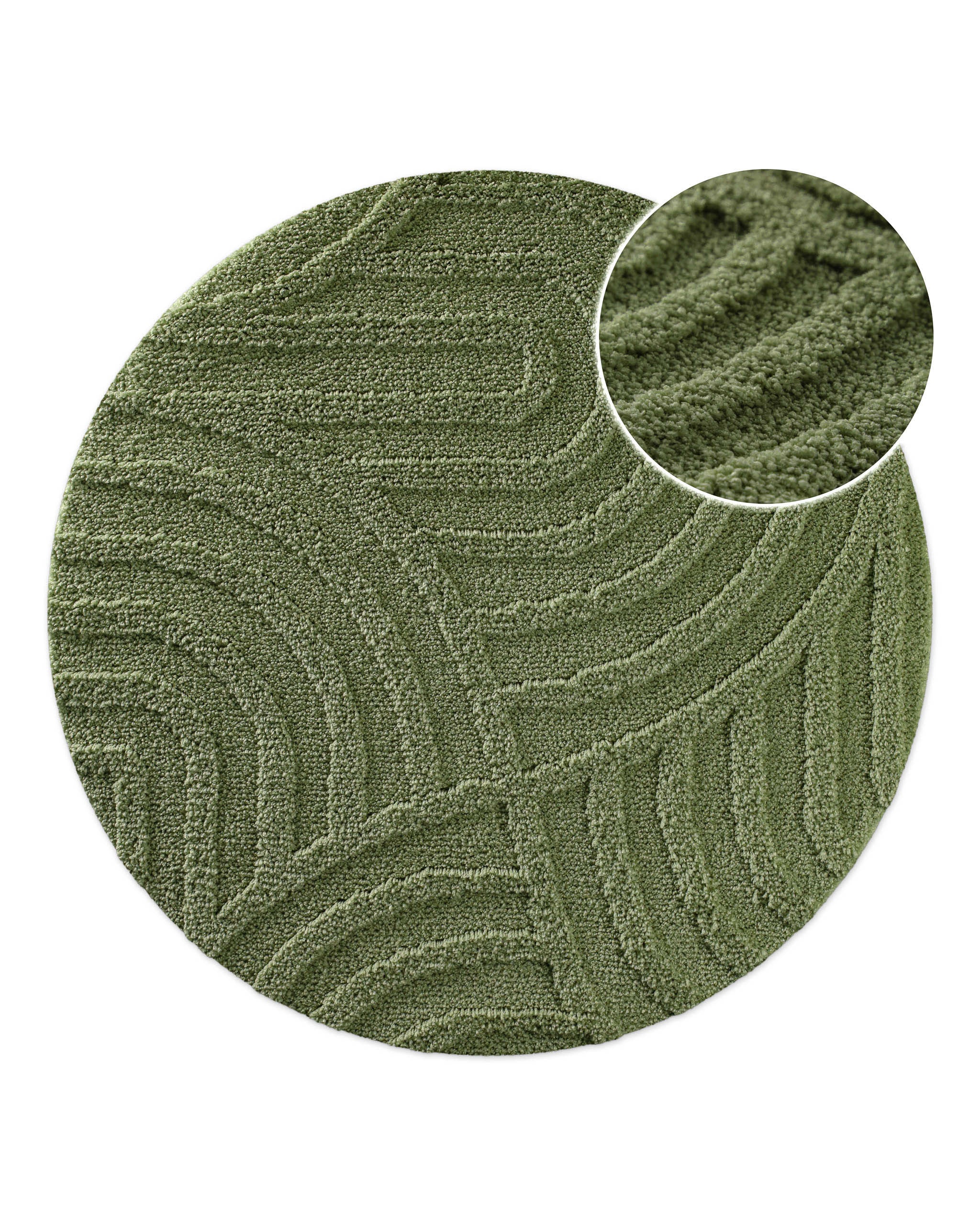 Badteppich von BathKing by WECONhome Fiete Reseda Grün rund, Draufsicht mit Detailkreis der Florstruktur und eingeprägtem Linienmuster auf hellem Hintergrund
