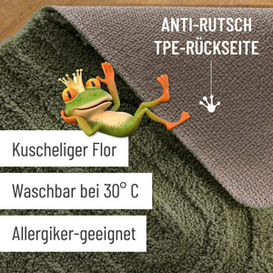 {"class" => "product-thumbnails__image", "alt" => "Badteppich von BathKing by WECONhome Fiete Kiefer Grün Detailaufnahme Flor auf Holzfußboden, eingeblendete Hinweise zu rutschhemmender Rückseite und Waschbarkeit"}