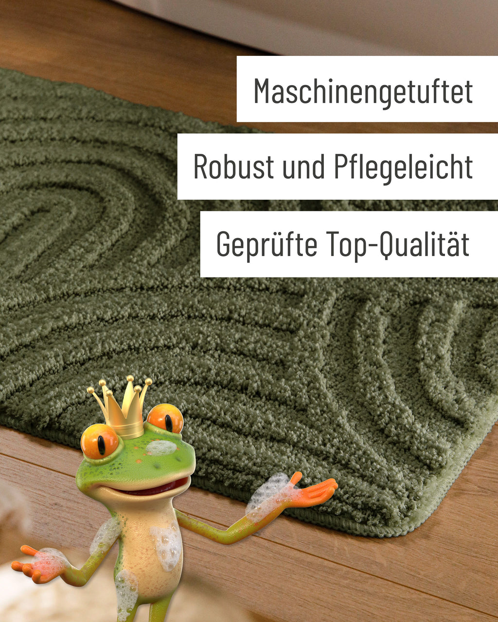Badteppich von BathKing by WECONhome Fiete Kiefer Grün Detail der Teppichkante auf Holzfußboden, eingeblendete Hinweise zu Verarbeitung und Pflege