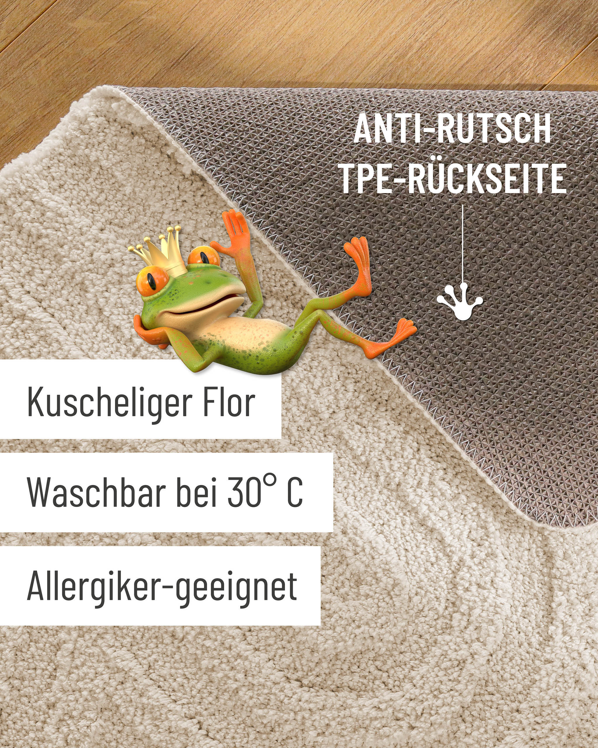 Badteppich von BathKing by WECONhome Fiete Creme Weiß Detailaufnahme Flor auf Holzfußboden, eingeblendete Hinweise zu rutschhemmender Rückseite und Waschbarkeit