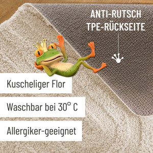 {"class" => "product-thumbnails__image", "alt" => "Badteppich von BathKing by WECONhome Fiete Creme Weiß Detailaufnahme Flor auf Holzfußboden, eingeblendete Hinweise zu rutschhemmender Rückseite und Waschbarkeit"}