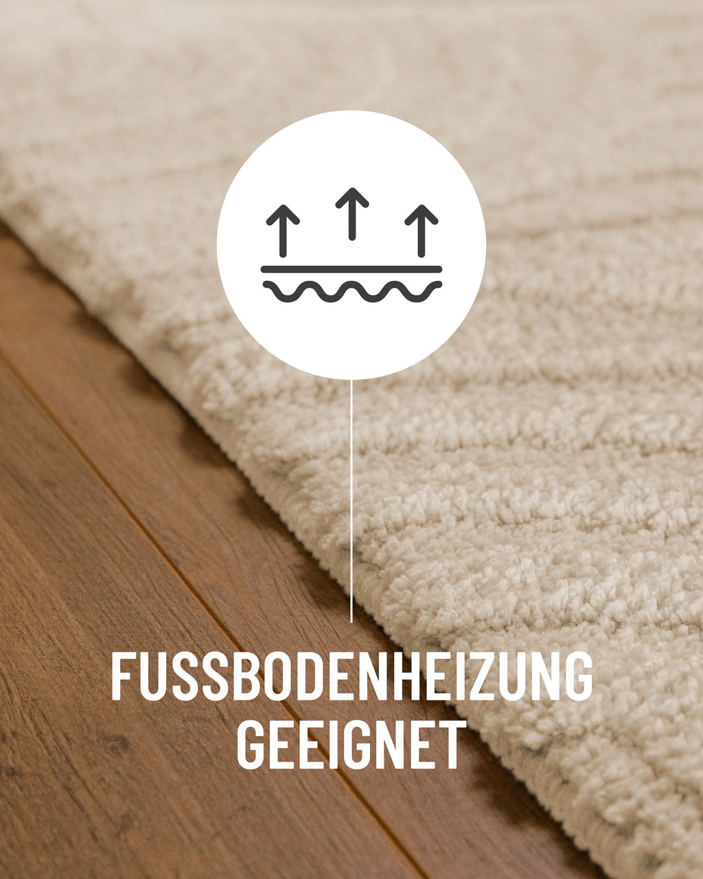 Badteppich von BathKing by WECONhome Fiete Creme Weiß Detail auf Holzfußboden mit Symbol für Fußbodenheizung, Nahaufnahme von Flor und Teppichkante