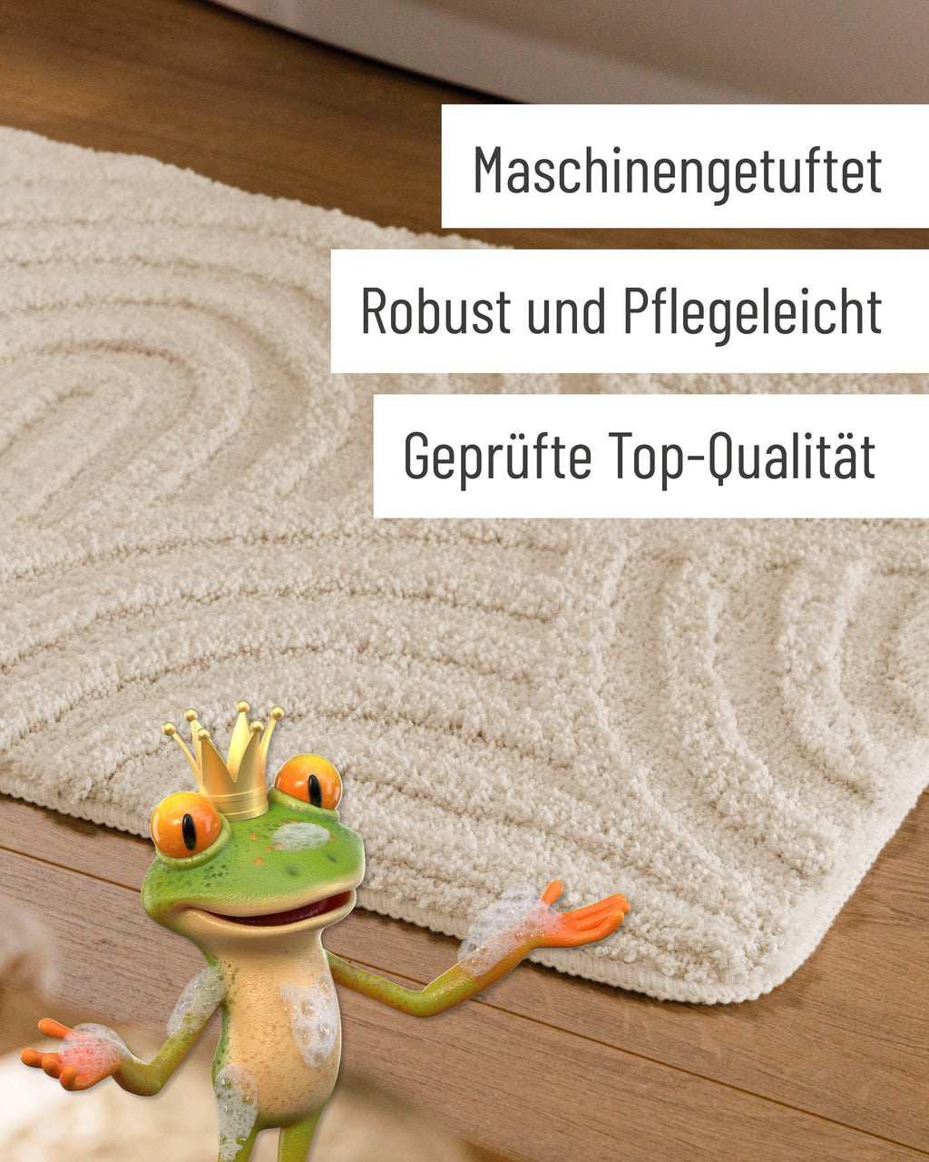 Badteppich von BathKing by WECONhome Fiete Creme Weiß Detail der Teppichkante auf Holzfußboden, eingeblendete Hinweise zu Verarbeitung und Pflege