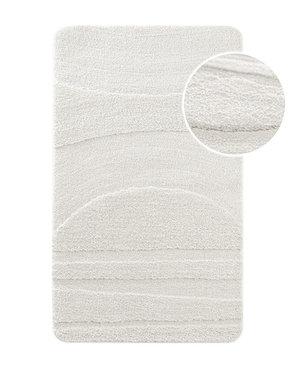 Badteppich von BathKing by WECONhome Marc Weiß, Draufsicht mit Detailkreis der Florstruktur und eingeprägtem Muster auf weißem Hintergrund