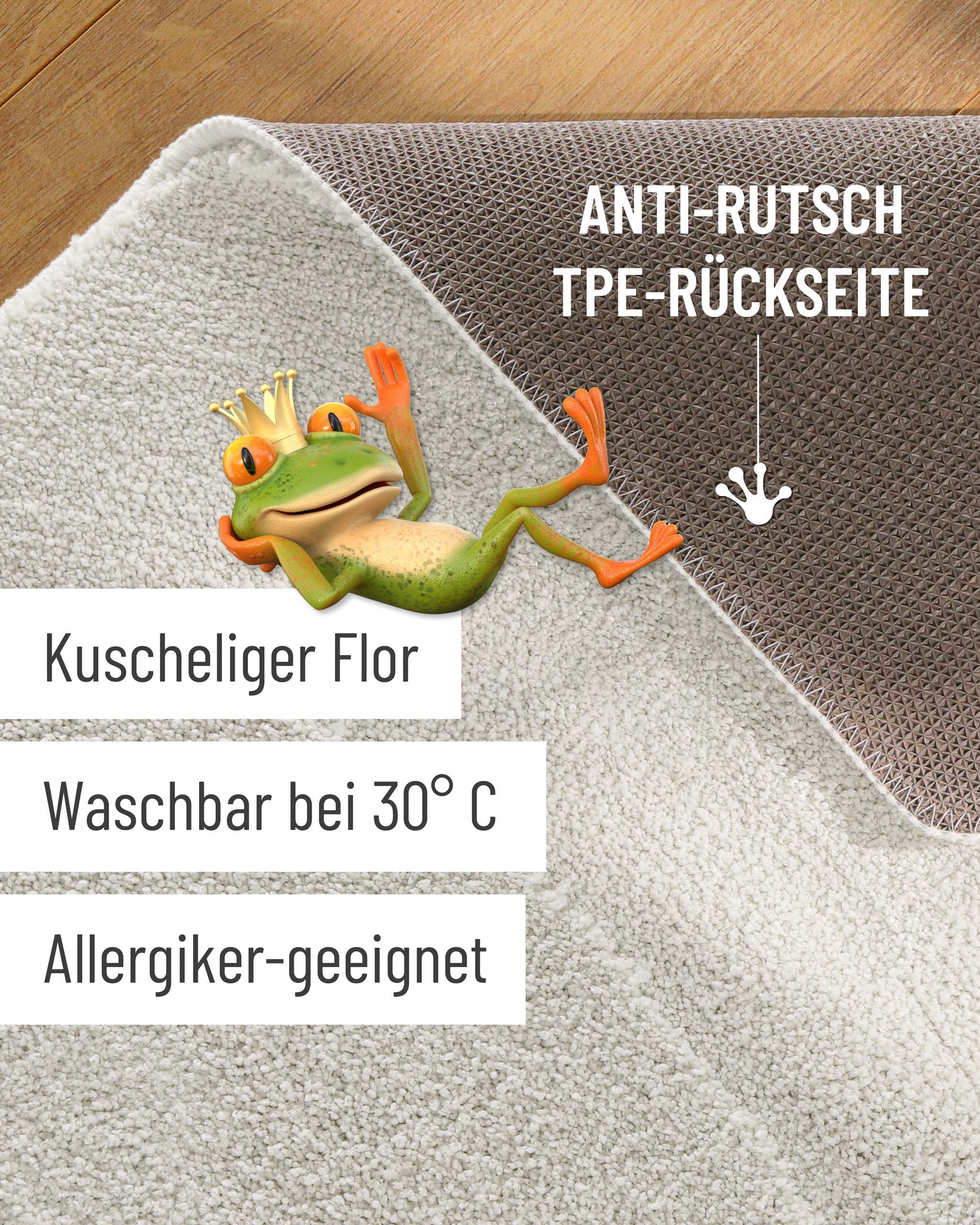 Badteppich von BathKing by WECONhome Marc Weiß Detailaufnahme Flor auf Holzfußboden, eingeblendete Hinweise zu rutschhemmender Rückseite und Waschbarkeit