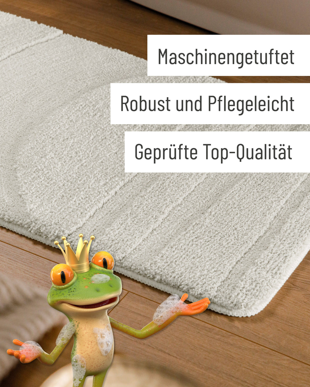 Badteppich von BathKing by WECONhome Marc Weiß Detail der Teppichkante auf Holzfußboden, eingeblendete Hinweise zu Verarbeitung und Pflege