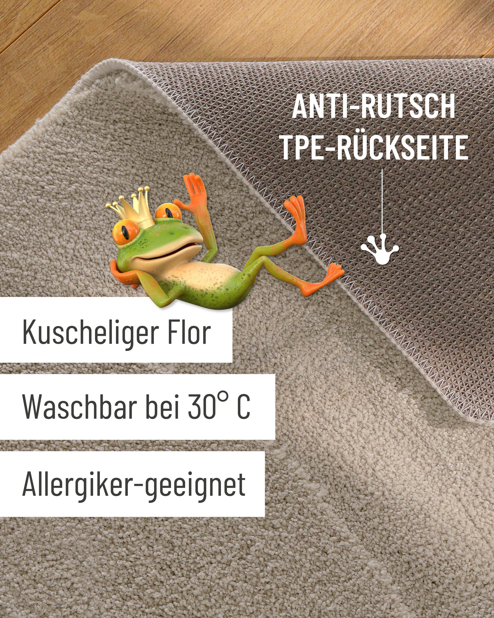 Badteppich von BathKing by WECONhome Marc Grau Detailaufnahme Flor auf Holzfußboden, eingeblendete Hinweise zu rutschhemmender Rückseite und Waschbarkeit
