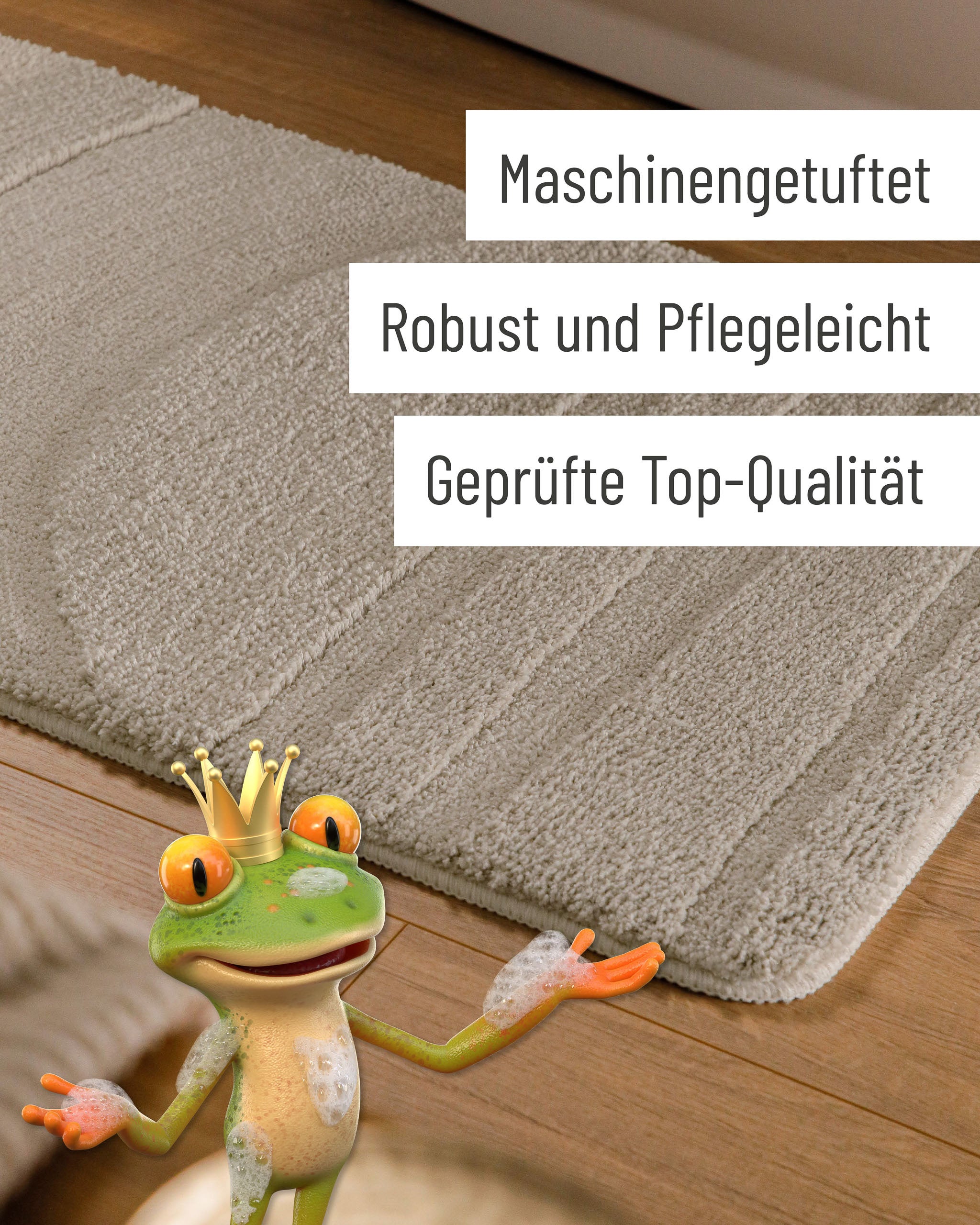 Badteppich von BathKing by WECONhome Marc Grau Detail der Teppichkante auf Holzfußboden, eingeblendete Hinweise zu Verarbeitung und Pflege